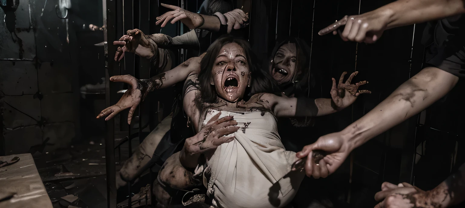 (Best quality, 8k, 32k, Masterpiece, UHD:1.2) "Transform the setting into a horrifying scene from a movie. In the center, a terrified girl is being grabbed by multiple decayed, clawed hands emerging from the shadows. The zombie hands, with rotting flesh and sharp nails, clutch at her limbs, pulling her into the darkness. The dim, flickering light casts eerie shadows, highlighting her panic-stricken face as she struggles to break free. The atmosphere is chilling, with a palpable sense of dread as the grotesque hands tighten their grip, creating an intense, nightmarish scenario that evokes fear and horror."