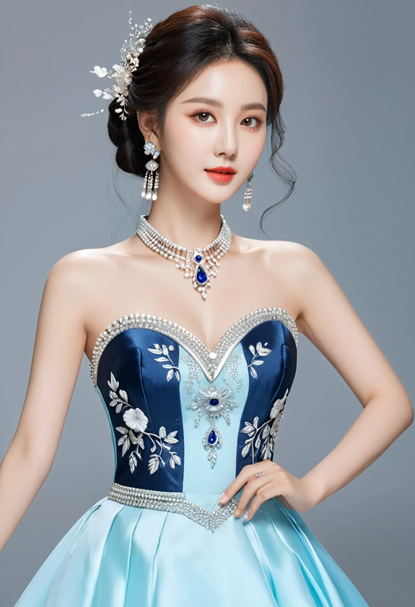Realistic photo style, whole body 사진에 아름다운 아시아 소녀가 등장합니다., Wearing a unique ethnic style evening gown with delicate skin., bright and lively eyes, Thick eyelashes that look especially attractive. Long dresses are slim and elegant., Eye-catching silver jewelry and alcohol. The high-collar design adds an elegant atmosphere., Color of blue and white porcelain. using light and shadow, The vivid and harmonious appearance of the protagonist is highlighted... whole body, (masterpiece, best quality, professional, perfect composition, very aesthetic, absurd, very detailed, intricate details:1.3)