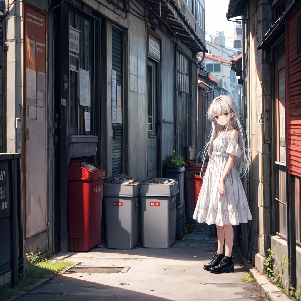 ((masterpiece, Highest quality)),girl, alone, dress, Are standing, Hello, alley, Outdoor, bangs, white dress, Gray Hair, Long Hair, Black footwear, Industrial Pipes, View your viewers, Air conditioning,Dim lighting, garbage, garbage bin, hxh2011