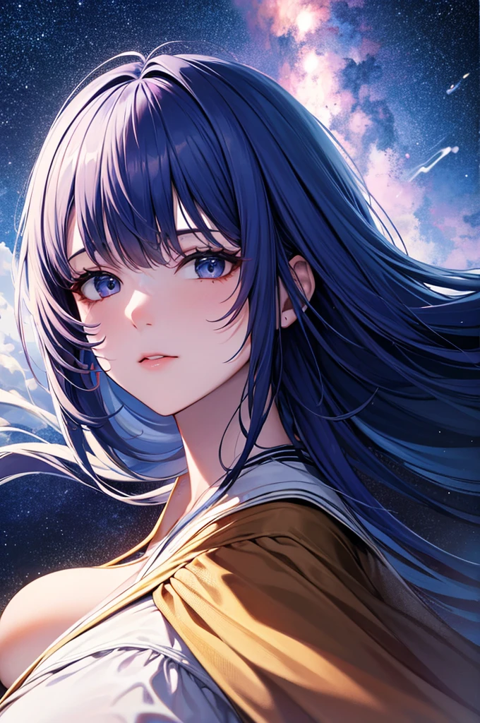 Highest quality, detailed, 4K, RAW Photos, masterpiece, detailed face,, performer, planet, Milky Way, space,, a photo of アニセマー flying in space, Blue Hair, bangs, Long Hair, View your viewers,