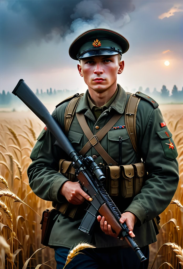 Masterpiece cinematic photo, photograph cinematic photo a russian A soldier (close-up) with a weapon in his hands , ultra detailed, ultra sharp, ((best quality, симметрия)), ((masterpiece)), Walking through a rye field, ripe rye, morning, fog,  photograph, film, bokeh, professional, 16k , oil and watercolor painting, dark, chiaroscuro 