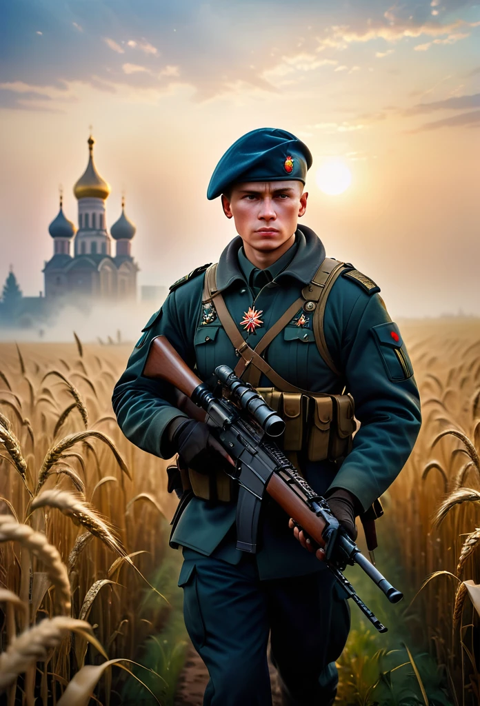 Masterpiece cinematic photo, photograph cinematic photo a russian A soldier (close-up) with a weapon in his hands , ultra detailed, ultra sharp, ((best quality, симметрия)), ((masterpiece)), Walking through a rye field, ripe rye, morning, fog, photograph, film, bokeh, professional, 16k , oil and watercolor painting, dark, chiaroscuro