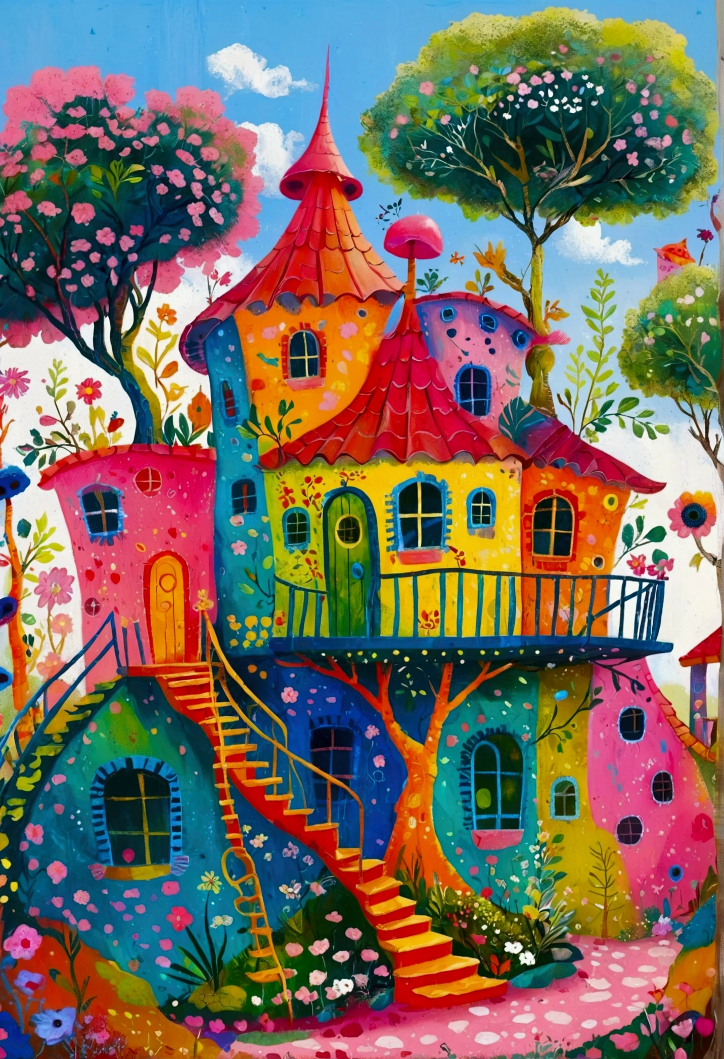 There is a tree house in the painting,There is a spiral staircase leading to a door, Whimsical fantasy landscape art, Whimsical and psychedelic, Whimsical Art, Drawn in a whimsical style, Colorfull illustration, color插图, whimsical surrealism, Bizarre forest, Art Illustration, color图片, colorful kids book illustration, color, colorful houses, color, floral jungle treehouse, Colorful architectural drawing