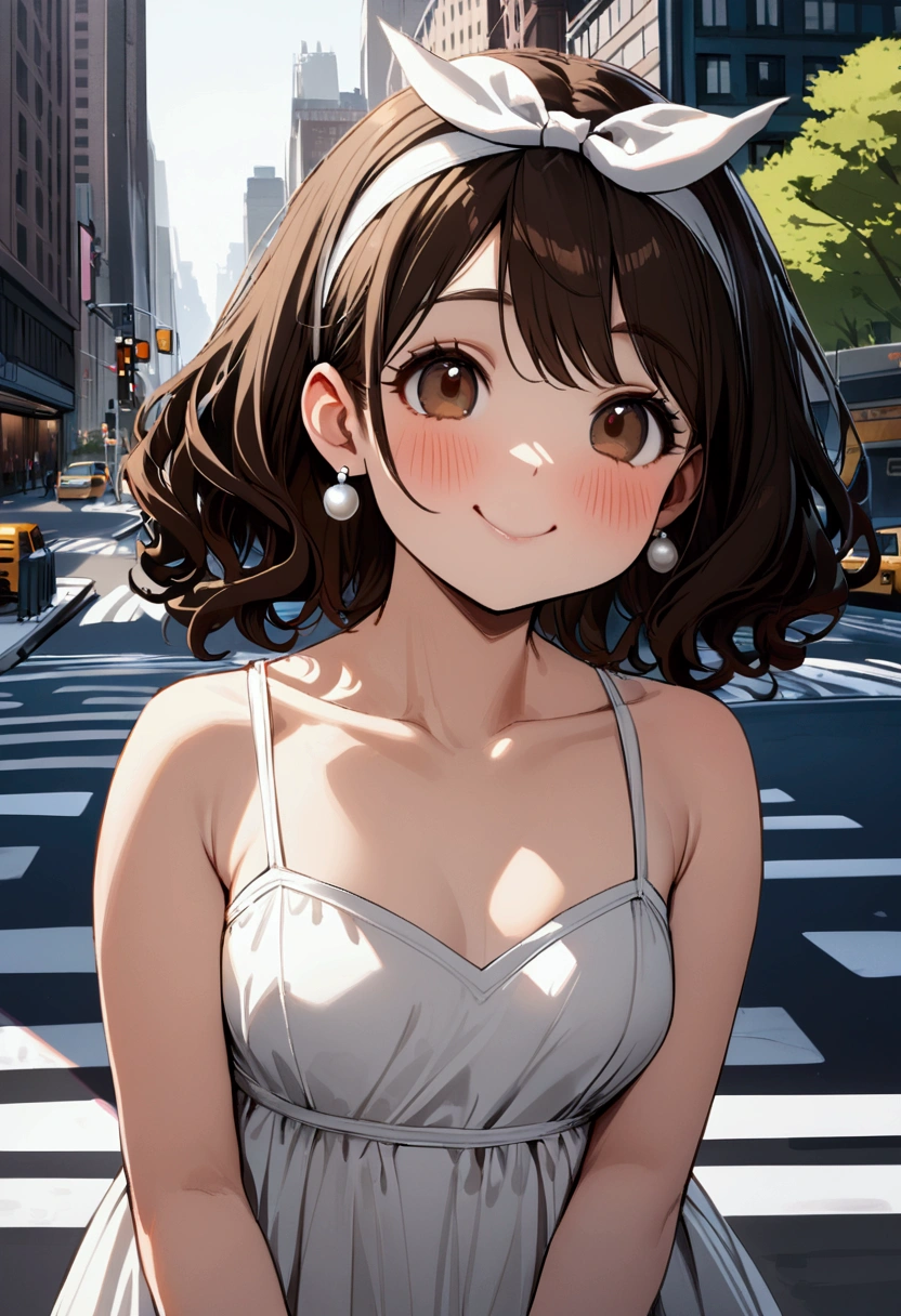 High Detail, Ultra Detail, Ultra High Resolution, (teenage girl, solo (black hair, brown hair, wavy hair, medium Bob Hair, white bow headband) chubby cheeks, beautiful brown eyes, (sweet, happy, hopeful) (Short white dress with a sweetheart neckline, a-line skater skirt)), pearl earrings, (waiting in front of a building, NYC, spring, flowering trees, new york city) (Small breasts, no cleavage)