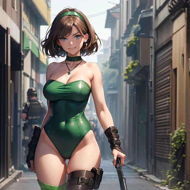 Master piece, best high quality image, carefully detailed details and textures, alone character, full body view
{{(1character: 50 years old brown haired human woman noble: (fair skin, short straight brown hair, beautiful blue eyes, beautiful face, sharp eyebrows, voluptuous figure, big breasts, beautiful legs, defiant smile, standing firmly, combat pose with clanching fists), (green headband, pale-green strapless one-piece leotard, green gloves, silver necklace, green heeled boots), (switzerland street, dirty street, blue uniformed police officers fighting dirty criminals in black tunics, sunny day))}}