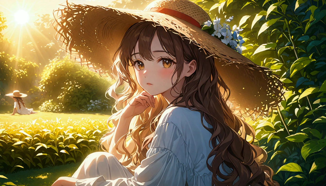 A beautiful girl wearing a straw hat, long wavy hair, detailed face features, sitting in a peaceful garden, warm sunlight, vibrant colors, cinematic lighting, intricate details, masterpiece, photorealistic, 8k