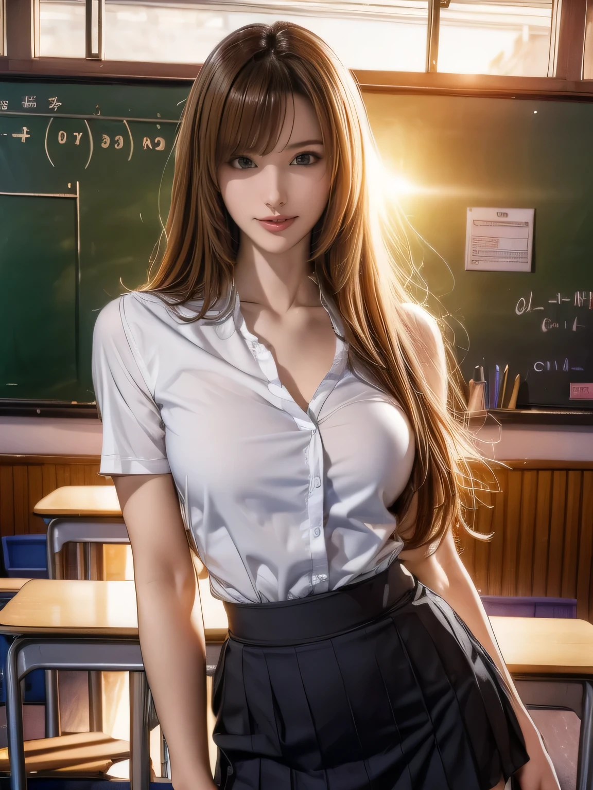 (8ก, 最high quality: 1.2), Very detailed, Complete solution, (Realistic, Realistic photo: 1.37), Portraiture, High resolution RAW color photograph, Professionally arrested, High resolution and beautiful, High resolution, 8ก Image Wallpaper, Amazing details, Large file size, Very detailed美しい女の子, Very detailed face, (Super beautiful, well-defined eyes:1.8), The nose is precisely shaped., expressive lips,(sunset,Classroom Background:1.2) , One Story, pretty girl, Realistic、                                                                                 (Movie Scenes,Fantasy art,最high quality,high quality,High resolution,High quality texture,Attention to detail,Beautiful details,Fine details,Very detailedCG,Detailed Texture,Realistic representation of face,Tabletop,before,dynamic,bold),1 Girl,Very detailed肌,curve,(Covered nipples:0.8),Beautiful breasts,Small breasts,Pale skin,Pointed Chest,Erect nipples,(Very fine hairs),(Very soft hair),(Super Straight Hair),Long, slicked bangs,Very light coppery amber hair,Hair on one eye,Very lean body,Smart Abs,( School teacher clothes:1.5),