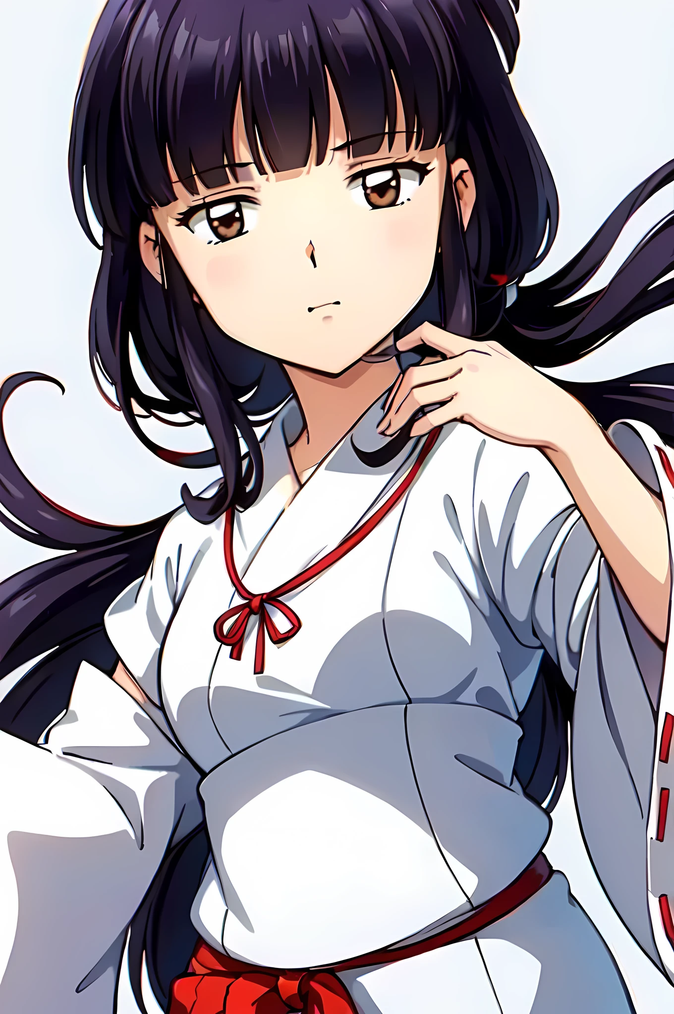 simple white background,
white kimono,white japanese clothes,wide sleeves,
(red_In addition:1.1),(red_Skirt:1.1),
hits, blunt hits, Brown eyes, by the wide,black fur,
1 girl, 20 years,young woman,beautiful Finger,beautiful long legs,beautiful body,
beautiful Nose,beautiful character design, Perfect eyes, perfect face,expressive eyes,perfect balance,
looking at the viewer,(Focus on her face),Closed mouth, (innocent_big_eyes:1.0),(light_smile:0.3),
official art,Extremely detailed CG unity 8k wallpaper, perfect lighting,showy, bright_Forehead_face_lighting,White skin,
(masterpiece:1.0),(better_quality:1.0), ultra high resolution,4k,ultra detailed,
Photography, 8k, HdR, High resolution, absurdities:1.2, Kodak photo 400, film grain, blurred background, bokeh:1.2, Lens flare, (Vibrant_Color:1.2),Photography profesional,
(beautiful,big_old:1.4), (beautiful_face:1.5),(narrow_waist),