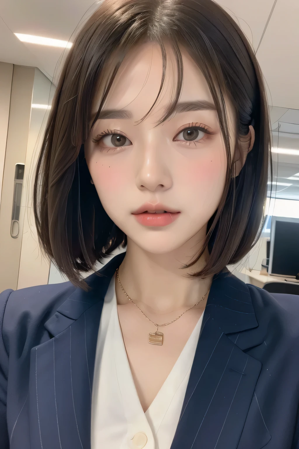 (Highest quality:1.3)、(masterpiece:1.4)、RAW Photos、8k、(最High resolution)、(Highest quality)、High resolution、(from the front)、Beautiful face in every detail、Realistic human skin、(Long Bob Hair:1.3)、(Straight hair)、(low hair volume:1.3)、Shirahime cut hairstyle、(Young and pretty Asian face), (Beautiful Asian Girl),((Ulzzang))、(Her eyes are big)、Attractive woman、(Attractive lips)、The corners of the mouth turn up、(With bangs))、Beautiful Hair、(blush:1.17)、(office lady)、(Navy blue suit)、Blushing、((office))、i want to kiss you、(I want you to kiss me)、The Temptation of Kissing、Night office、[smile]