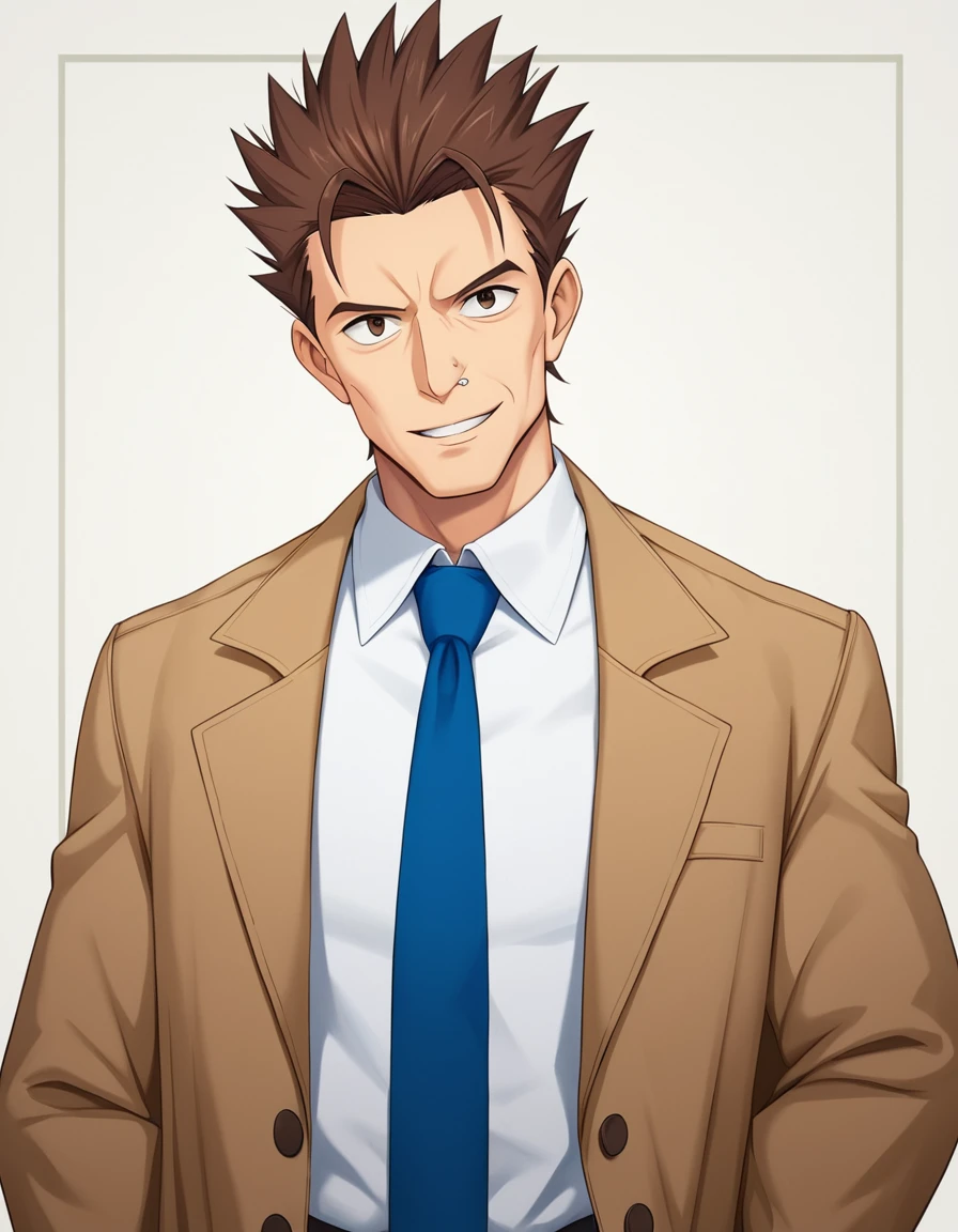 1man, veteran mature detective, muscular, boned nose, wavy slicked back spiked hair, yellow_brown hair, BREAK shihaku, brown eyes, dandy, virile, stubble, square shaped, large eyes, ugly, rough skin, facial wrinkles, ideal ratio body proportions, ordinaly, cute uncle, beautiful detailed eyes, broad waist, 40yo dude, languid, BREAK solo, upper legs, white collared shirt, blue necktie, brown trench coat, dark worn-out suit, cute smile, standing, in detective agency, detailed background, BREAK dandy posing, dramatic expression, oil colored, in capcom art style, in old eroge style, 2000s, masterpiece, best quality, BREAK score_9, score_8_up, score_7_up, source_anime, rating_safe, score_6_up, score_5_up, score_4_up