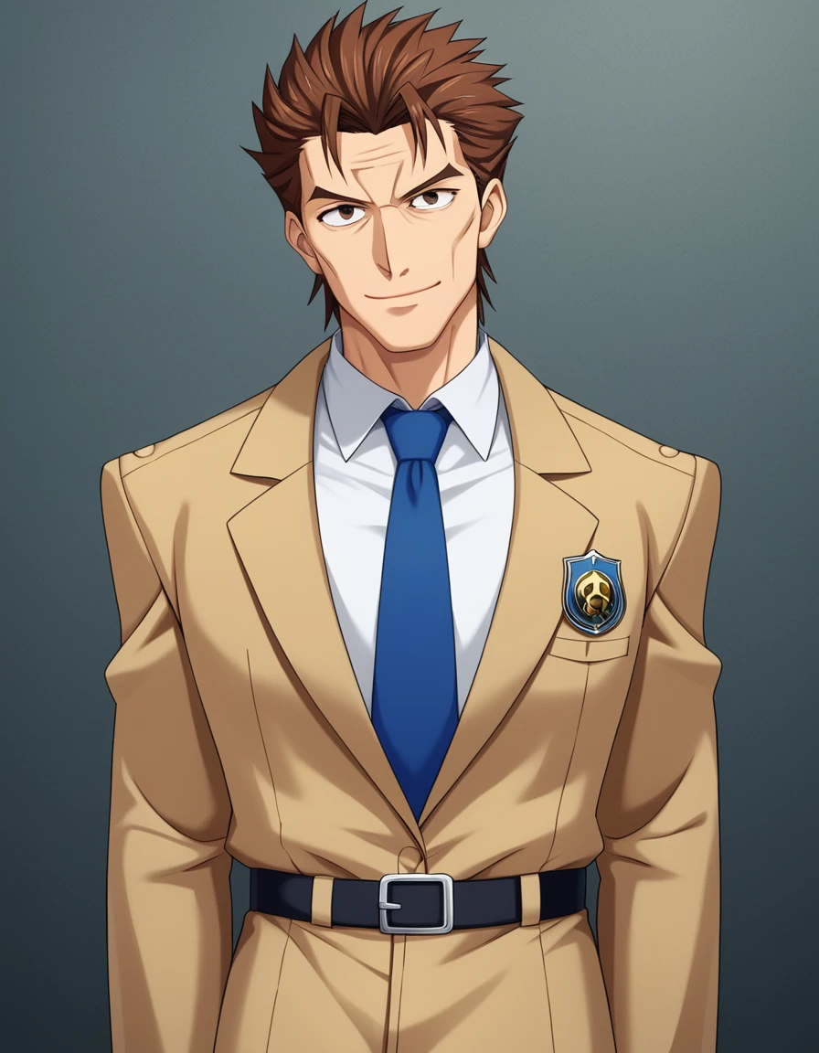 1man, veteran mature detective, muscular, boned nose, wavy slicked back spiked hair, yellow_brown hair, BREAK shihaku, brown eyes, dandy, virile, stubble, square shaped, large eyes, ugly, rough skin, facial wrinkles, ideal ratio body proportions, ordinaly, cute uncle, beautiful detailed eyes, broad waist, 40yo dude, languid, BREAK solo, upper legs, white collared shirt, blue necktie, brown trench coat, dark worn-out suit, cute smile, standing, in detective agency, detailed background, BREAK dandy posing, dramatic expression, oil colored, in capcom art style, in old eroge style, 2000s, masterpiece, best quality, BREAK score_9, score_8_up, score_7_up, source_anime, rating_safe, score_6_up, score_5_up, score_4_up