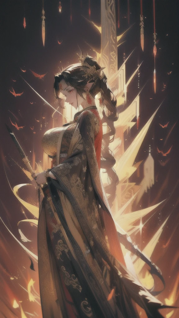 1 female goddess, dragon horns, golden dragon slit eyes, ultra high quality, ultra high resolution, big breasts, slender yet curvaceous body, pointed ears, kind yet cruel smile, golden chain with a ruby dagger pendant, wearing red robes with intricate gold designs big eyes, perfect body with 6'1" height, golden pagoda background, old chinese martial background, long spear of pure black colour and embedded gold patterns.