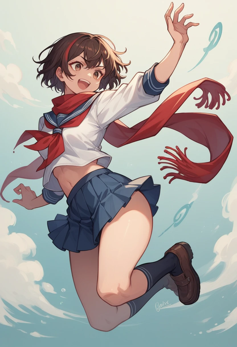 Create an anime-style image of a girl with short hair, Dark brown hair with side fringe, Characterized by red inner highlights. She is wearing a navy blue sailor uniform with a red scarf and a black pleated skirt.。. The girl has a playful yet mischievous look on her face, Especially with sharp and intense eyes、She gives off a somewhat bad girl vibe.. She has particularly thick thighs.. The overall aesthetic is bright and vibrant.,whole body, Jumping, Background is solid white