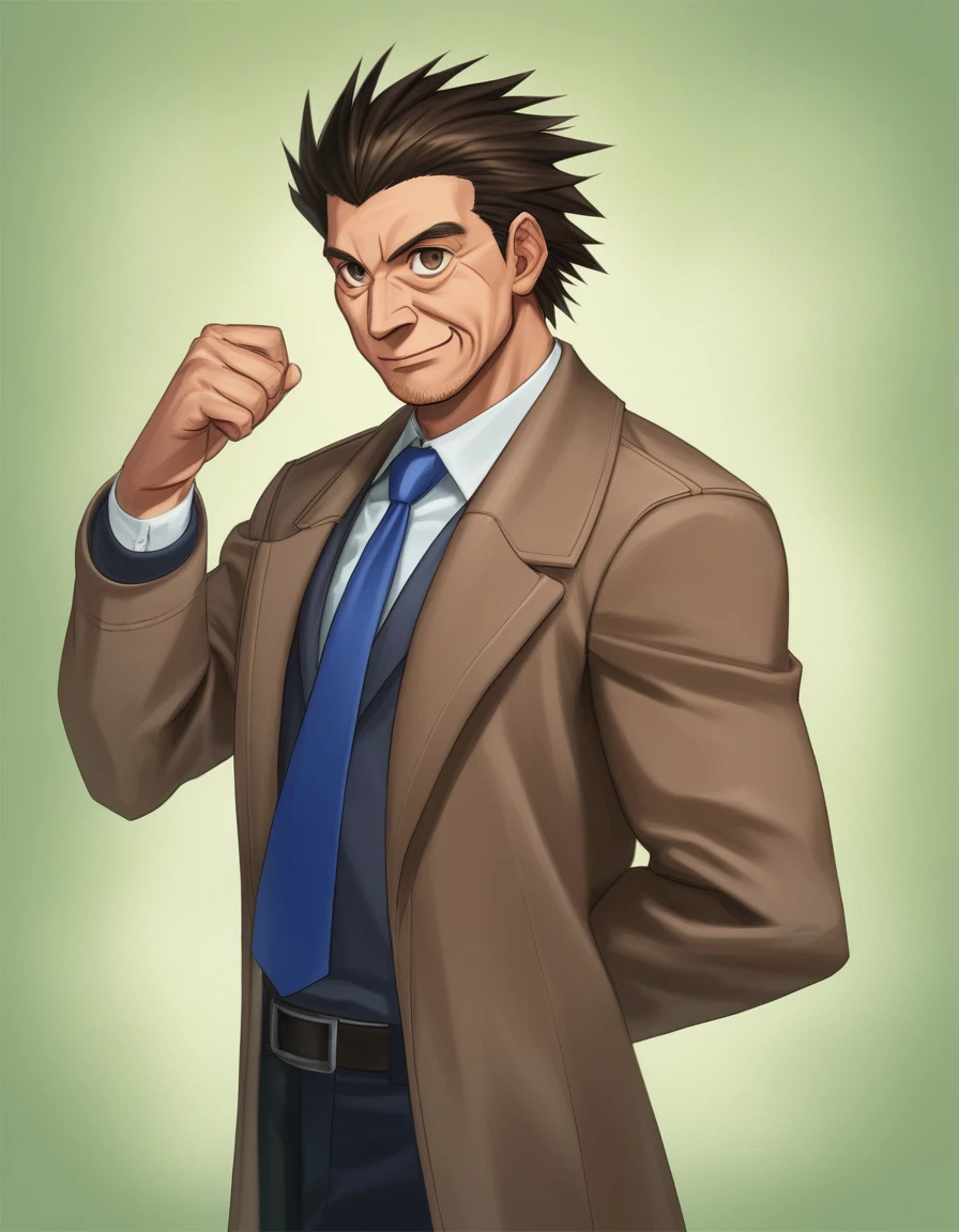 score_9, score_8_up, score_7_up, score_6_up, score_5_up, score_4_up, BREAK source_anime, rating_safe, BREAK 1man, veteran mature detective, muscular, boned nose, wavy slicked back spiked hair, yellow_brown hair, BREAK shihaku, brown eyes, dandy, virile, stubble, square shaped, large eyes, ugly, rough skin, facial wrinkles, BREAK ideal ratio body proportions, ordinaly, cute uncle, beautiful detailed eyes, broad waist, 40yo dude, languid, BREAK solo, upper legs, white collared shirt, blue necktie, brown trench coat, dark worn-out suit, cute smile, standing, in detective agency, detailed background, BREAK dandy posing, dramatic expression, oil colored, in capcom art style, in old eroge style, 2000s, cinematic key visual, cinematic shadows, cinematic lighting, lens flare, light leaks, masterpiece, best quality
