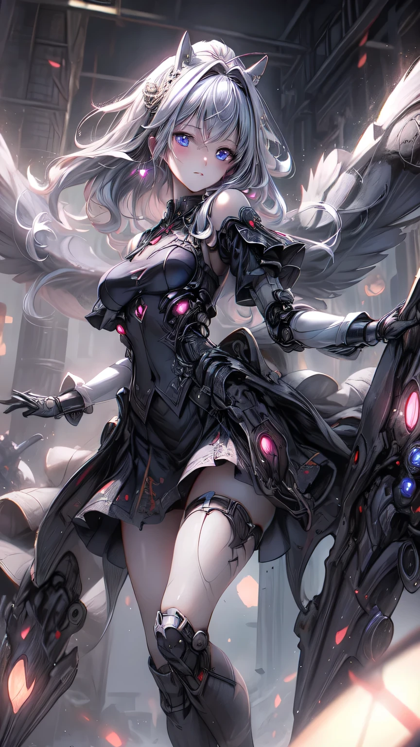 ((Highest quality)), ((Truly a masterpiece)), ((Ultra-detailed:1.4)), ((Ultra-Photorealistic 3D)), Android Magical Girl, Mechanical body, Dynamic action poses for battle scenes, Very complex and heavy fighter aircraft mechanical armament, Off-the-shoulder fashion that combines steampunk and gothic lolita with attention to detail, Intricate steampunk headgear, Very thin、Over-the-knee reggae mechanical boots、Fluttering lace flare mini skirt、 Beautiful small breasts directed upwards、Swaying in the Wind、Long, curly silver hair,、Countless large, shining spheres fly around、Lots of sparks cross and fly、Countless neon lights pouring down from the magical pose、Complex and precise mechanical Night City、Very dark background、Very dramatic and cinematic lighting、Big wings on the back８Growing in Sheets。
