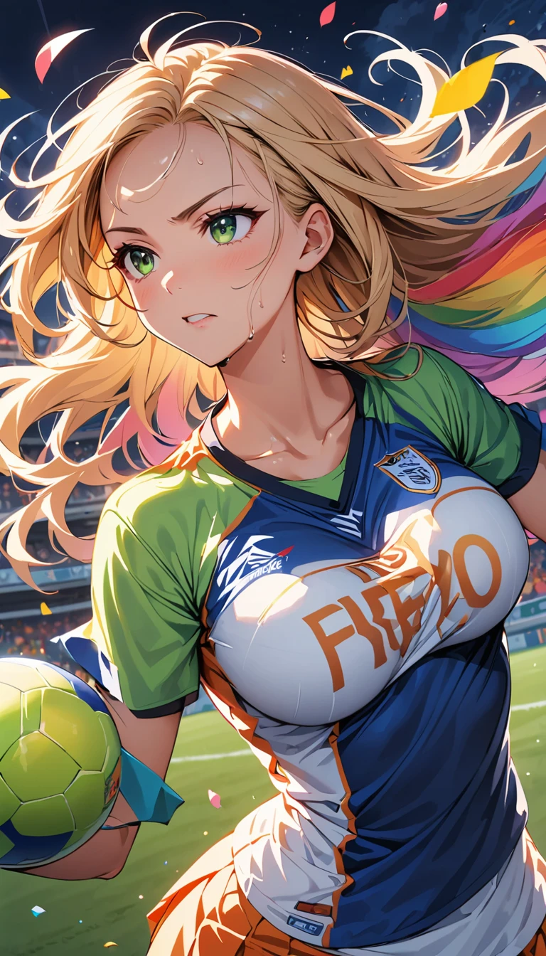 Highest quality, Great quality, 16K, Unbelievably absurd, Very detailed, delicate and dynamic, Natural light, The particles reflect light, Diffuse reflection of light, Many rainbow-colored petals fall, Beautiful football field, Sparkling Sun, Diffuse reflection of light, Create amazing image effects, , Wet, sweating, she is playing football, Close-up(Cute sexy girl, big bouncing busts, Sensual expression, Cool girl, Serious, passion, Dynamic, Flashy football wear, ,audience , much-air-laden cheer)
