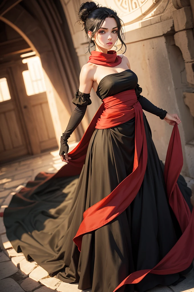 fullbody view, female, green eyes, black hair tied to a bun, strapless full dress, red scarf around her neck, flowy arm sleeves, silk gloves, a fabric is wrapped around her waist