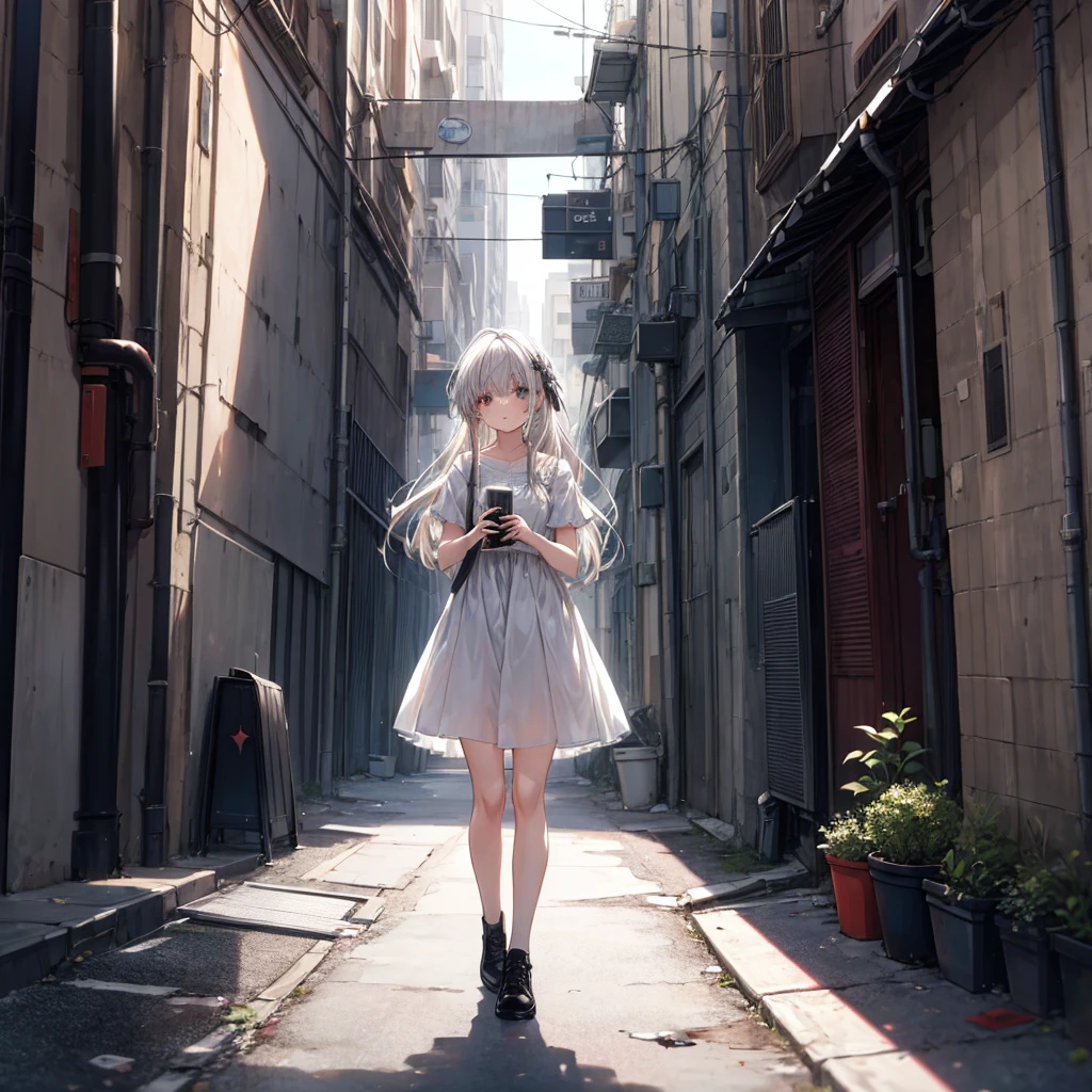 ((masterpiece, Highest quality)),girl, alone, dress, Are standing, Hello, alley, Outdoor, bangs, white dress, Gray Hair, Long Hair, Black footwear, Industrial Pipes, View your viewers, Air conditioning,Dim lighting, garbage, garbage bin, hxh2011