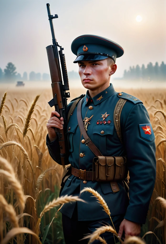 Masterpiece cinematic photo, photograph cinematic photo a russian Up to date soldier (close-up) with a weapon in his hands , ultra detailed, ultra sharp, ((best quality, симметрия)), ((masterpiece)), Walking through a rye field, ripe rye, morning, fog, photograph, film, bokeh, professional, 16k , oil and watercolor painting, dark, chiaroscuro