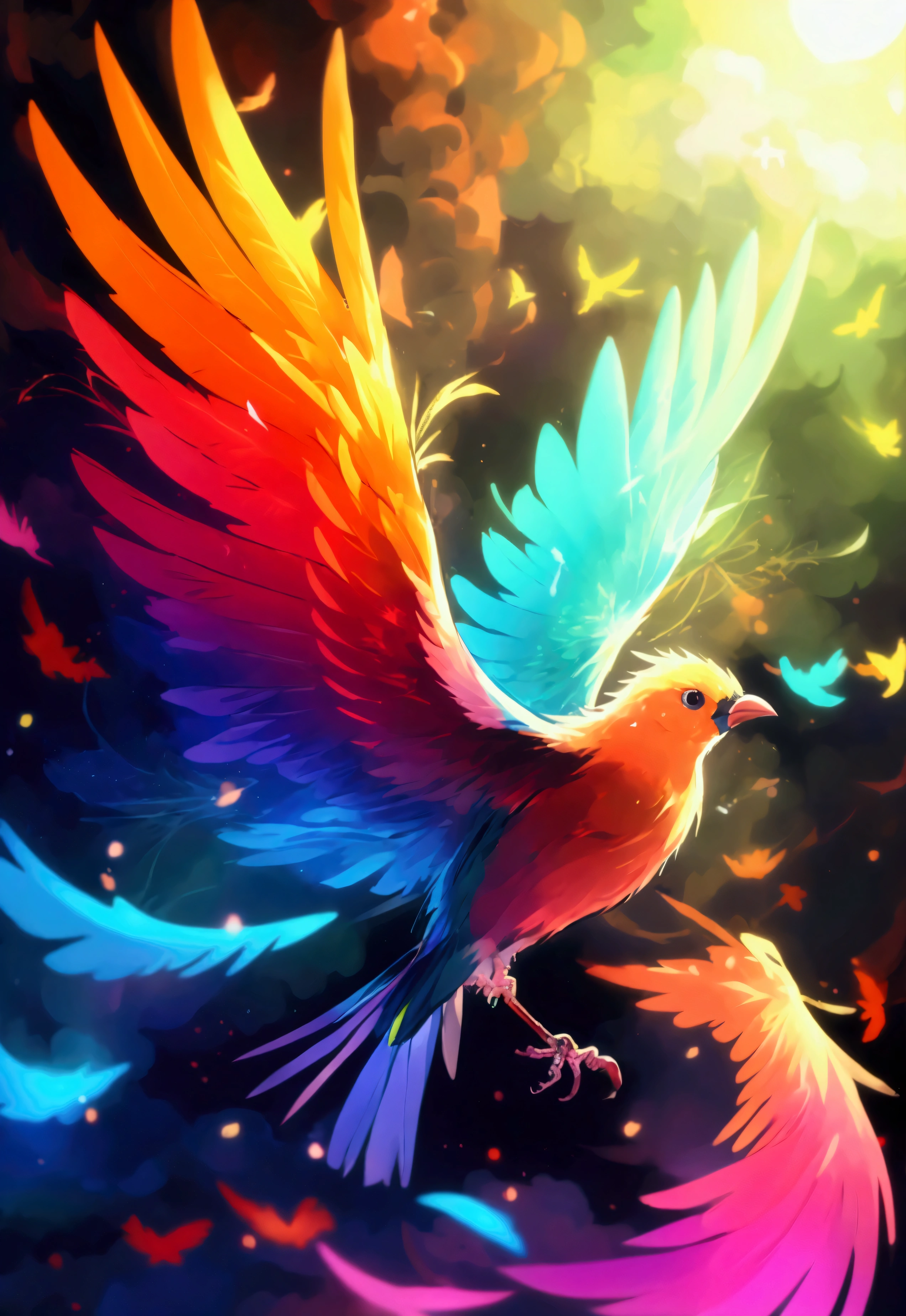 
anime、デジタルanimeアート、Flat Design,(masterpiece:1.2)、high quality、High resolution、Very detailed、(Amazingly absurd:1.2)、break,Bird with rainbow feathers、Colorful background、Beautiful light effects