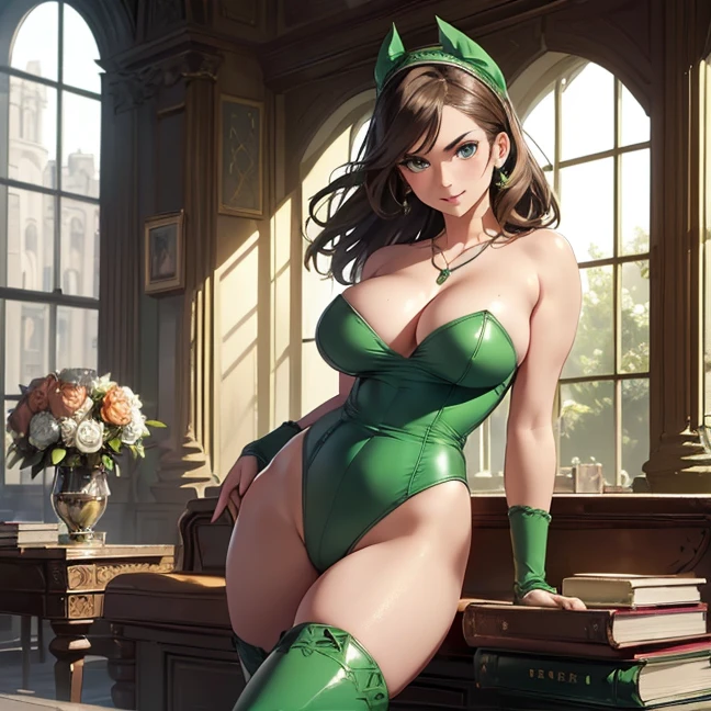 Master piece, best high quality image, carefully detailed details and textures, alone character, full body back view
{{(1character: 50 years old brown haired human woman noble: (fair skin, short straight brown hair, beautiful blue eyes, beautiful face, sharp eyebrows, voluptuous figure, big breasts, big butt, beautiful legs, gentle smile, standing firmly), (green headband, pale-green strapless one-piece leotard, green gloves, silver necklace, green heeled boots), (european library, books everywhere, morning through windows))}}