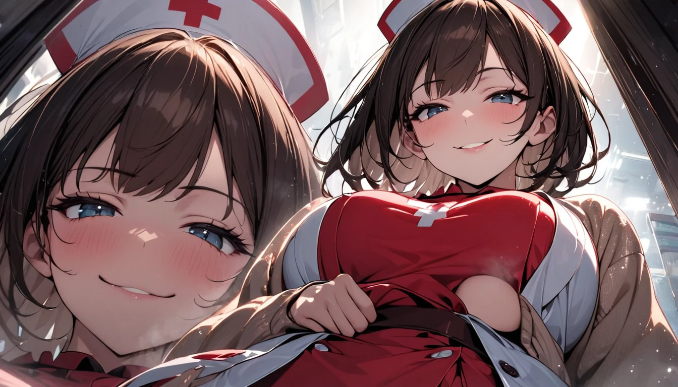 From below, Portraiture, Kind and beautiful nurse, Cool face, A shy smile, Superb proportions, She is wearing a loose cardigan over her nurse uniform., Glitter effect, fog effect、smug face、Cowboy Shot