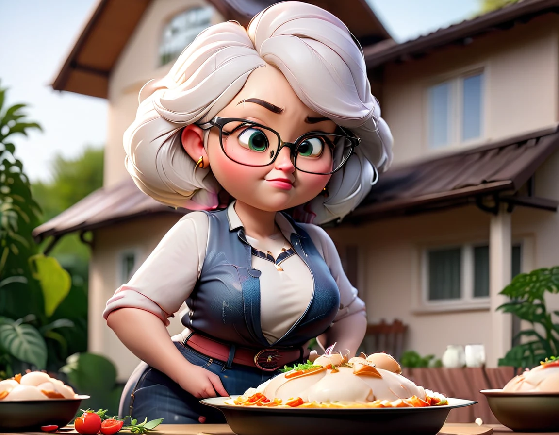 A fat woman 18 years old big breasts thin waist wide hips in a blouse and jeans short white hair and glasses with a table in the garden on top roast chicken rice pasta sunset light