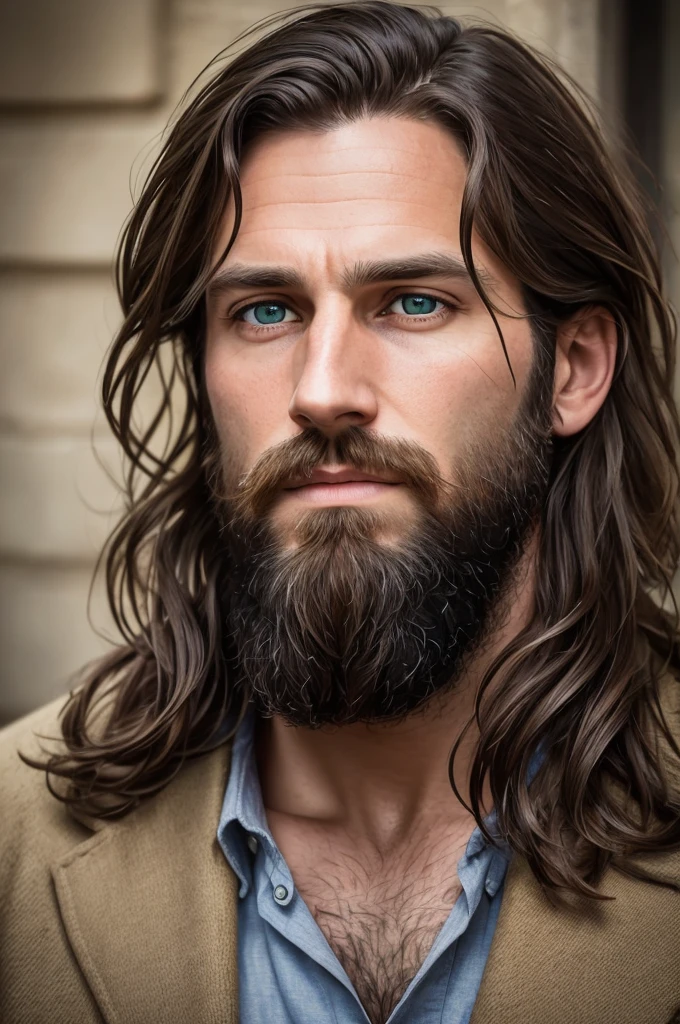 portrait of a 33-year-old British man with long brown hair and a neat beard, green eyes, (Bags under the eyes, and tired, old expression on his face), detailed eyes, detailed iris, Expressive Face, expressive eyes, (realistic face, Perfect eyes, perfect face:1.1), 16 thousand., high quality, photorealistic, Realism, art photography, Nikon D850, 16 thousand., Sharp Focus, masterpiece, breathtaking, atmospheric perspective, diffusion, pore correlation, skin imperfections, SLR camera, 80mm Sigma f2, depth of field, complex natural lighting, granularity,