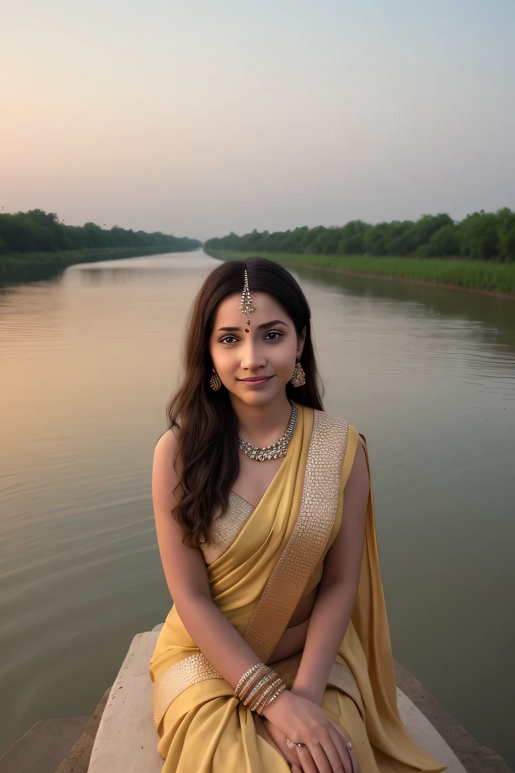 Create an image of a young woman from California sitting beside the Yamuna River in Vrindavan. She is holding spiritual beads and is in a devotional pose, wearing traditional Indian attire like a colorful saree. Her expression is serene and peaceful. The scene is set during sunset, with the holy Yamuna River beautifully adorned in the background, capturing the spiritual essence of the moment."