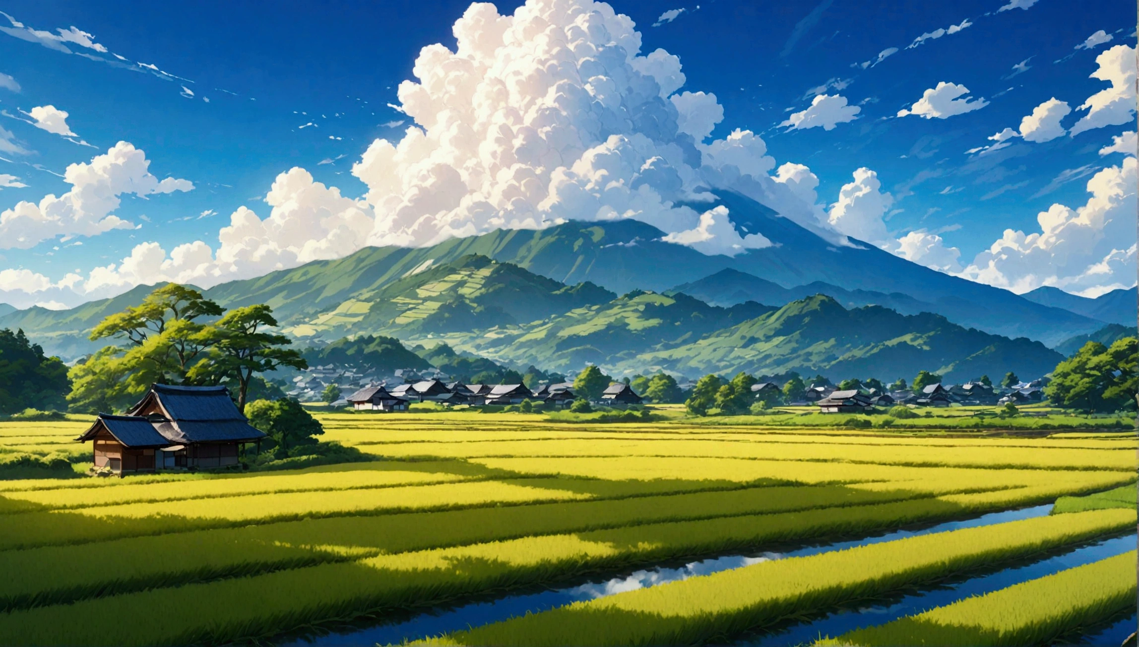 Rural Japan,rice fields,Azemich,midsummer,sunny,cumulonimbus,afternoon,best quality, 8k, high resolution, masterpiece:1.2, very detailed, realistic:1.37, high resolution, 超high resolution, very detailed, professional, vivid colors, warm sunlight