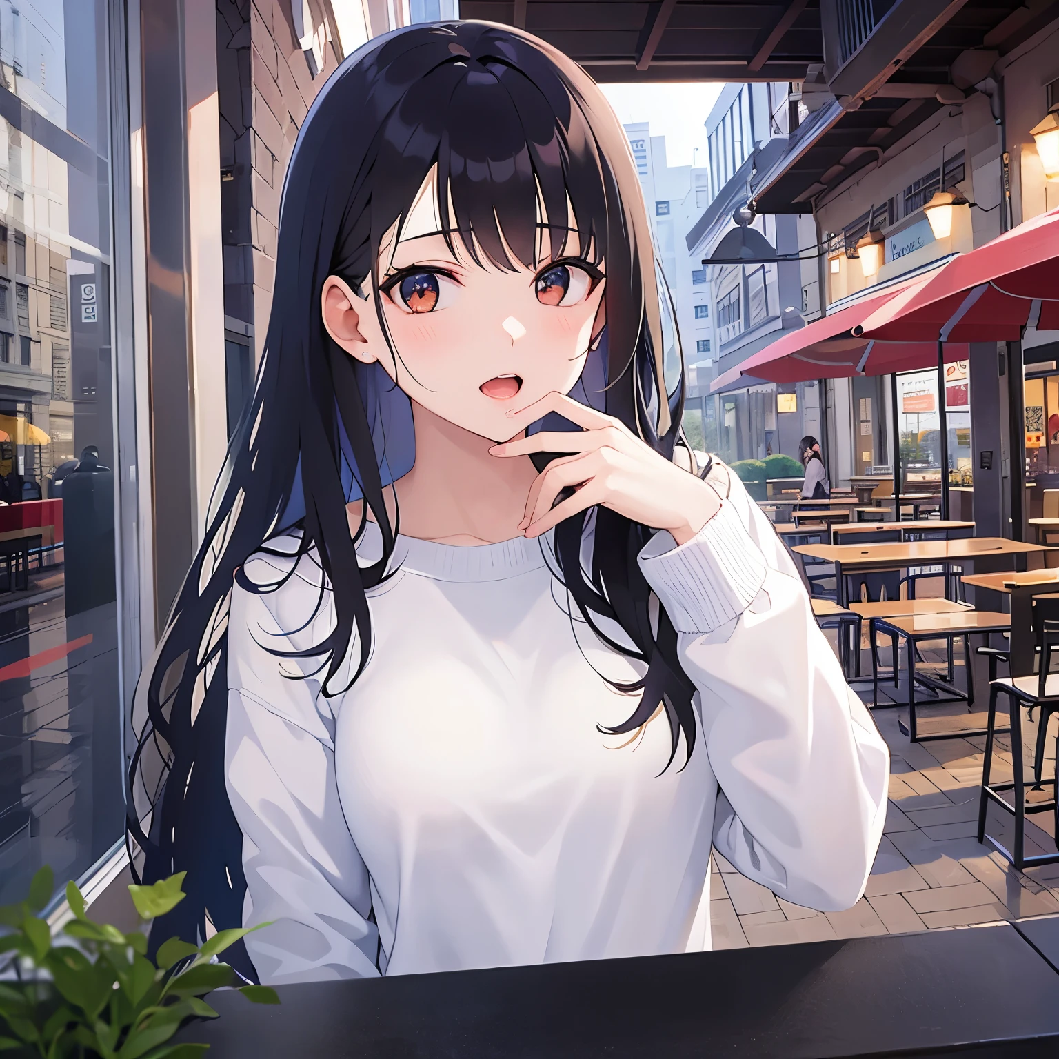 (looking at viewer:1.5),Upper Body, Putting a hand to your mouth、Realistic, real person, (pale skin: 1.2), RAW photo, photorealistic, shiny skin, shiny hair、 (A 25-year-old woman with medium-length hair and bangs) and (wavy hair) and (brown hair) and (orange eyes) 、 surprised,open mouth、White long sleeve dress、The background is inside the restaurant