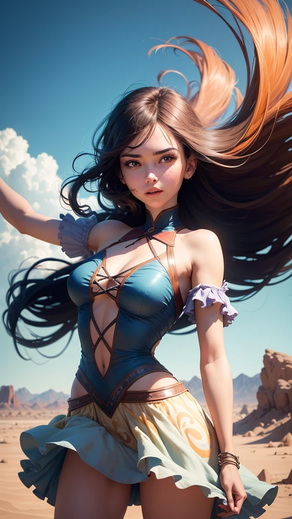 Show well covered gorgeous young woman exhaling the air outside a deserted place spreading arms in the air Filled with positive thoughts, and you'll
The animation style should resemble Pixar's realistic and detailed human forms, with vibrant colors and textures. Sharp vintage image. Show the mountains desert she is make it visible