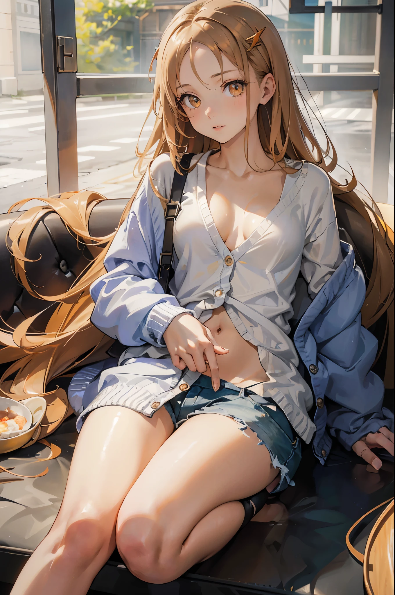 masterpiece, ultra detailed, 8k portrait, RAW photo, portrait photography, Highly detailed face, beautiful and meticulous eyes, (amber color eyes:1.5), , standing by the theme park, (white short shirt) and (LowriseXL blue shorts), navel, (put on knee length long white summer cardigan:1.5), cute girl, long hair, (cream color long hair:1.5), show forehead, hairpin, young girl, 1girl, cute girl, pretty girl, portrait of cute girl, slim:1.5,