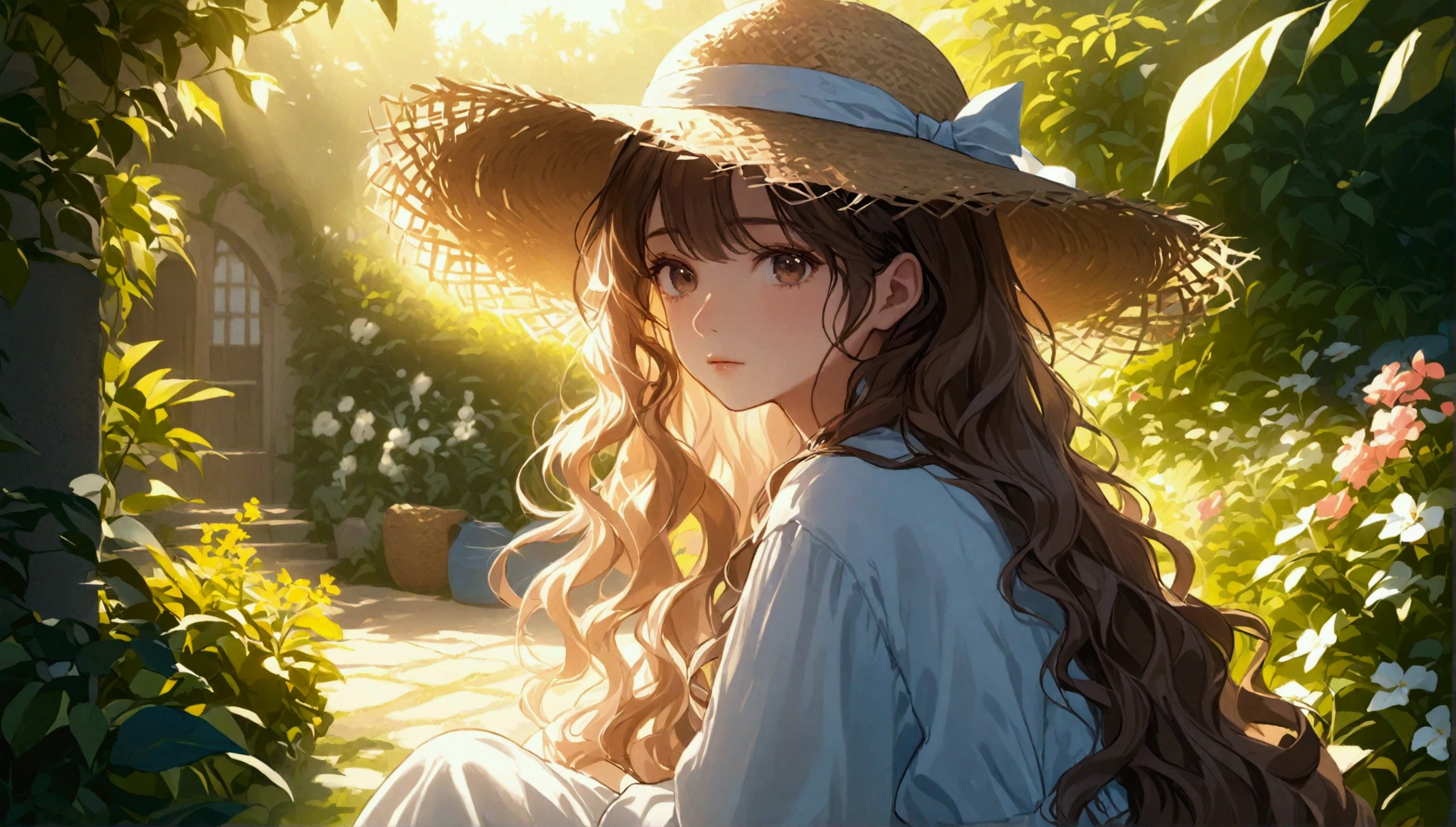A beautiful girl wearing a straw hat, long wavy hair, detailed face features, sitting in a peaceful garden, warm sunlight, vibrant colors, cinematic lighting, intricate details, masterpiece, photorealistic, 8k, 완전한 뒷모습