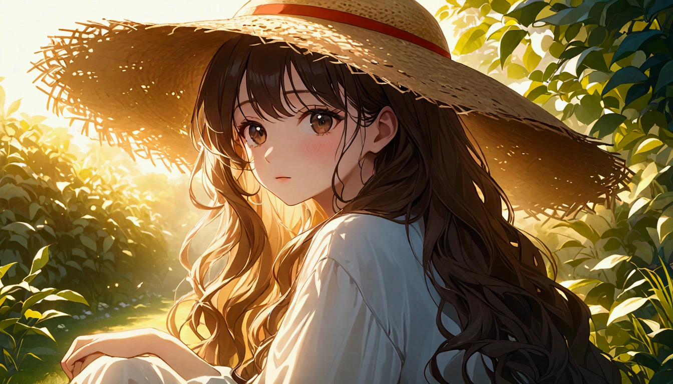 A beautiful girl wearing a straw hat, long wavy hair, detailed face features, sitting in a peaceful garden, warm sunlight, vibrant colors, cinematic lighting, intricate details, masterpiece, photorealistic, 8k, 완전한 뒷모습