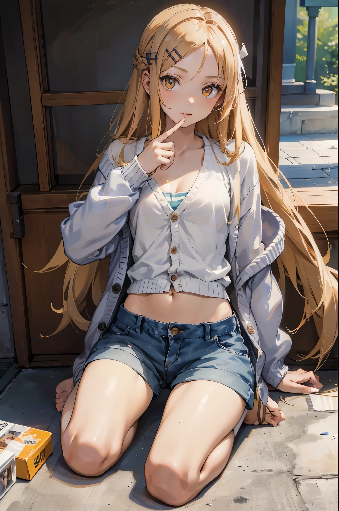 masterpiece, ultra detailed, 8k portrait, RAW photo, portrait photography, Highly detailed face, beautiful and meticulous eyes, (amber color eyes:1.5), , standing by the theme park, (white short shirt) and (LowriseXL blue shorts), navel, (put on knee length long white summer cardigan:1.5), cute girl, long hair, (cream color long hair:1.5), show forehead, hairpin, young girl, 1girl, cute girl, pretty girl, portrait of cute girl, slim:1.5,