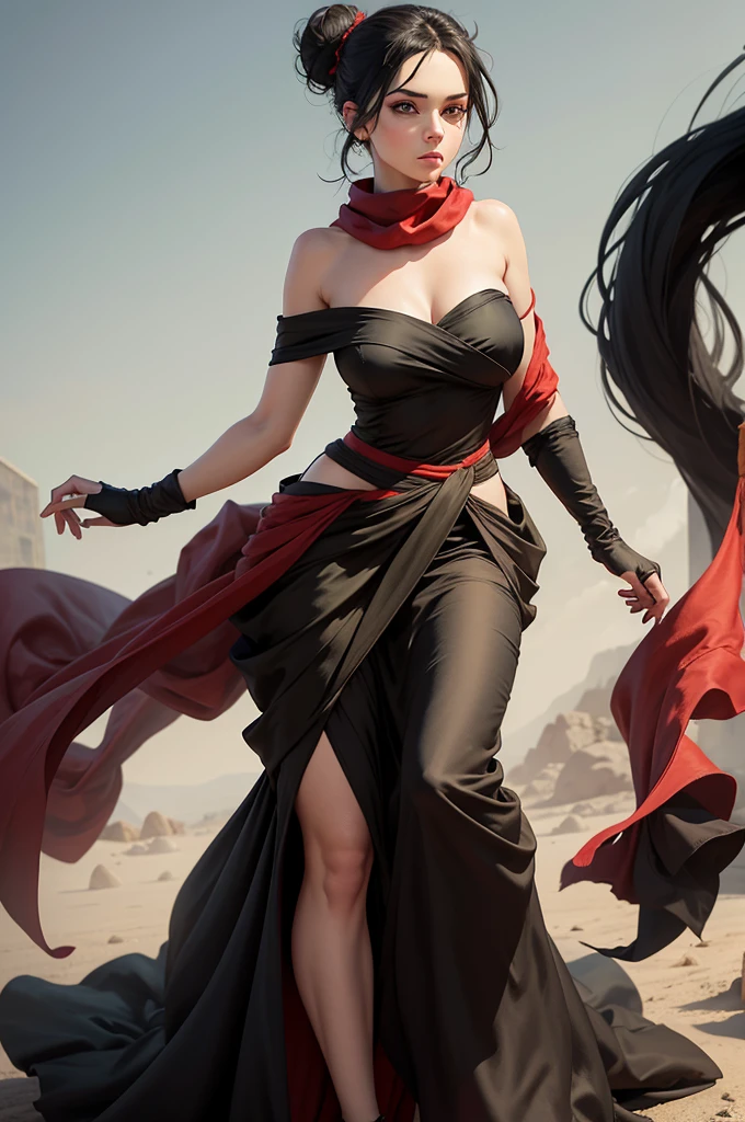 fullbody view, female, intense green eyes, black hair tied to a bun, strapless full dress, red scarf around her neck, long silk gloves, a fabric is wrapped around her waist