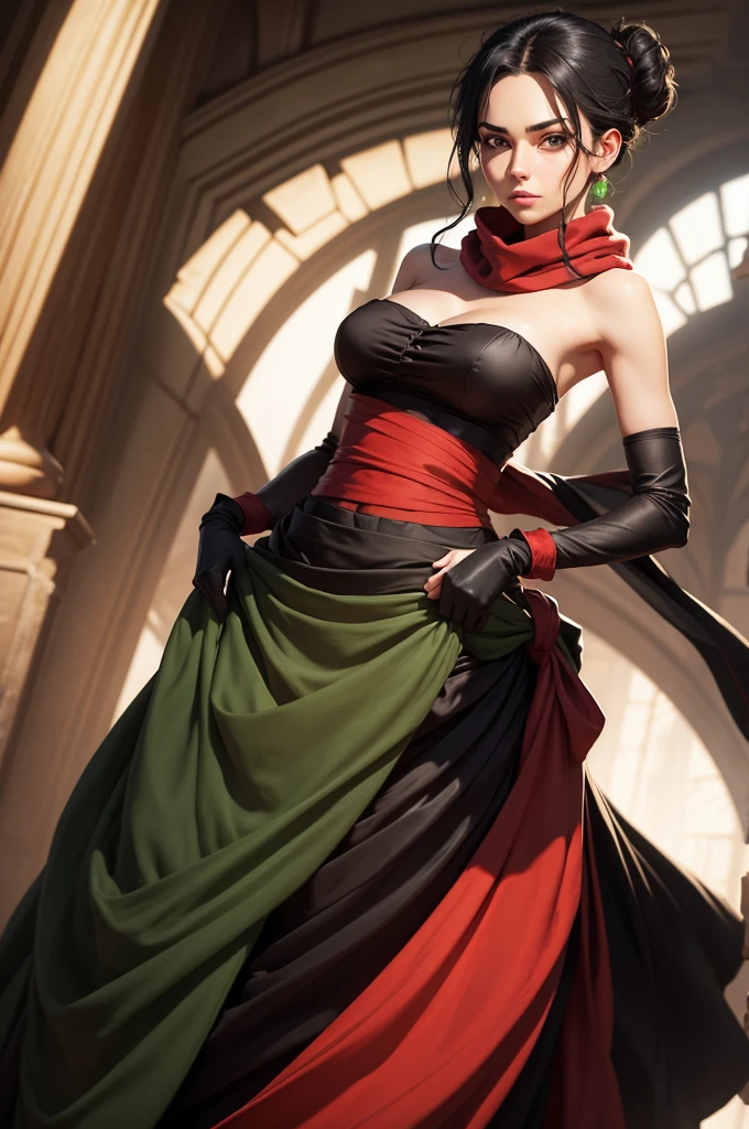 fullbody view, female, green eyes, black hair tied to a bun, strapless full dress, red scarf around her neck, flowy arm sleeves, silk gloves, a fabric is wrapped around her waist