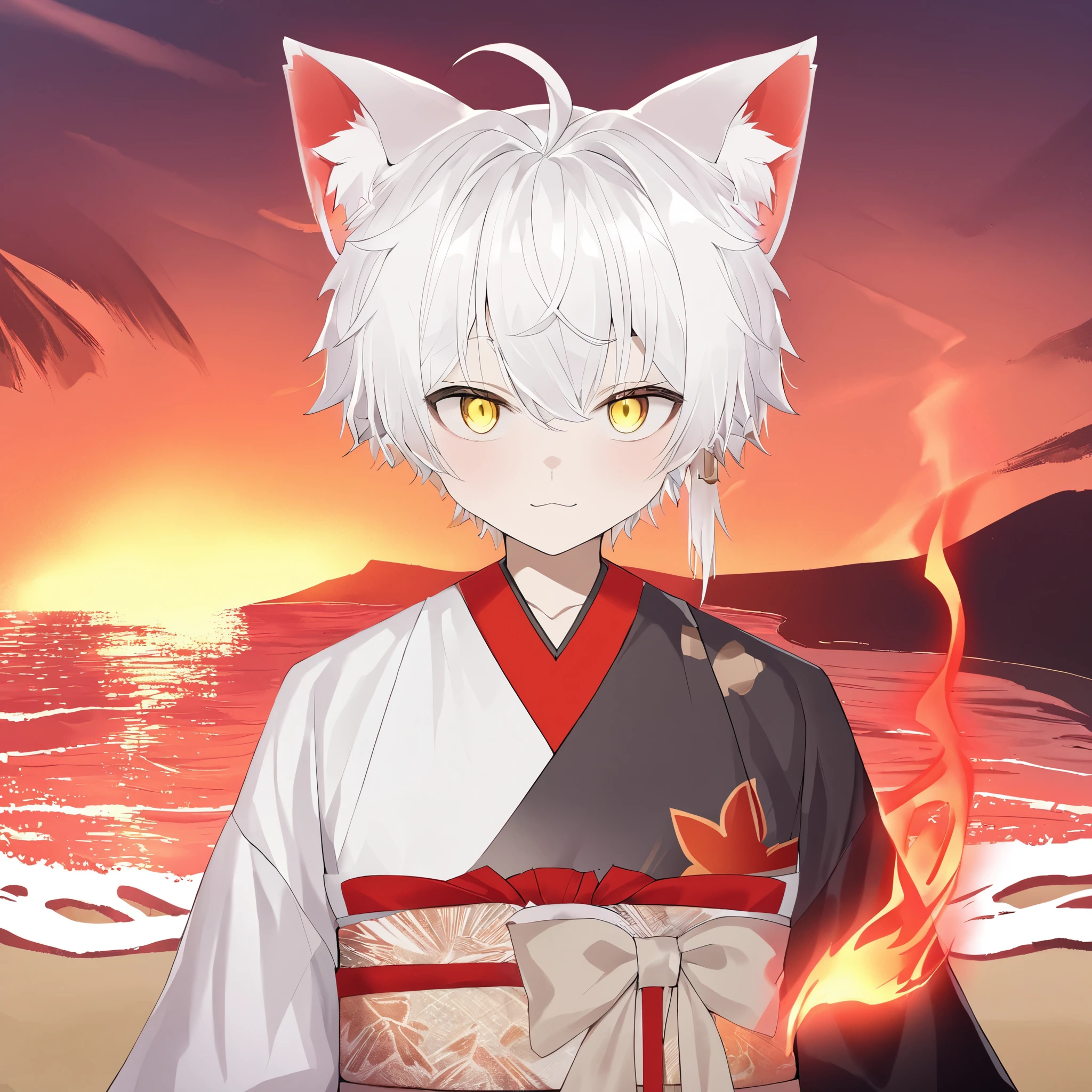 cat_boy,1boy,male focus,
animal ears,white hair,single long lock,((split color kimono)),(white kimono),(black kimono),(red lapel),ahoge,yellow eyes,dot nose,closed mouth, beach, ocean,happy, cute, sunlight,cowboy shot,waterstream, splash,red single earring,obi,red sash,beige bow,print kimono,beautifl hands,striking visuals,glowing,layered silhouettes, depth and dimension, creative expression,Flame Art, translucent forms, ephemeral beauty, Flame textures, portrait,looking at viewer,((front)),using magic, Challenging pose,  Hand Raised with Red Magic Around It, shining eyes