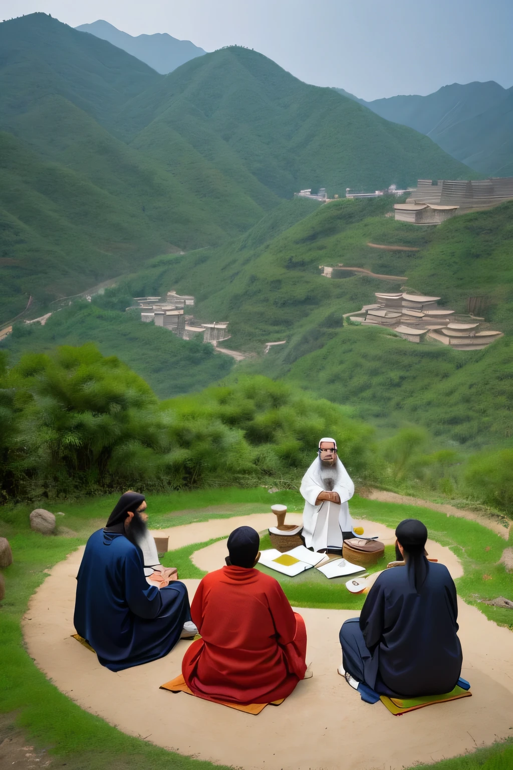 In the ancient Chinese landscape、Confucius sat in a circle with his disciples、A scene of deep discussion。Confucius had a long beard、Wearing traditional clothing、The disciples are listening to the lecture with different expressions on their faces.。Bamboo forests and ancient buildings can be seen in the background.。
