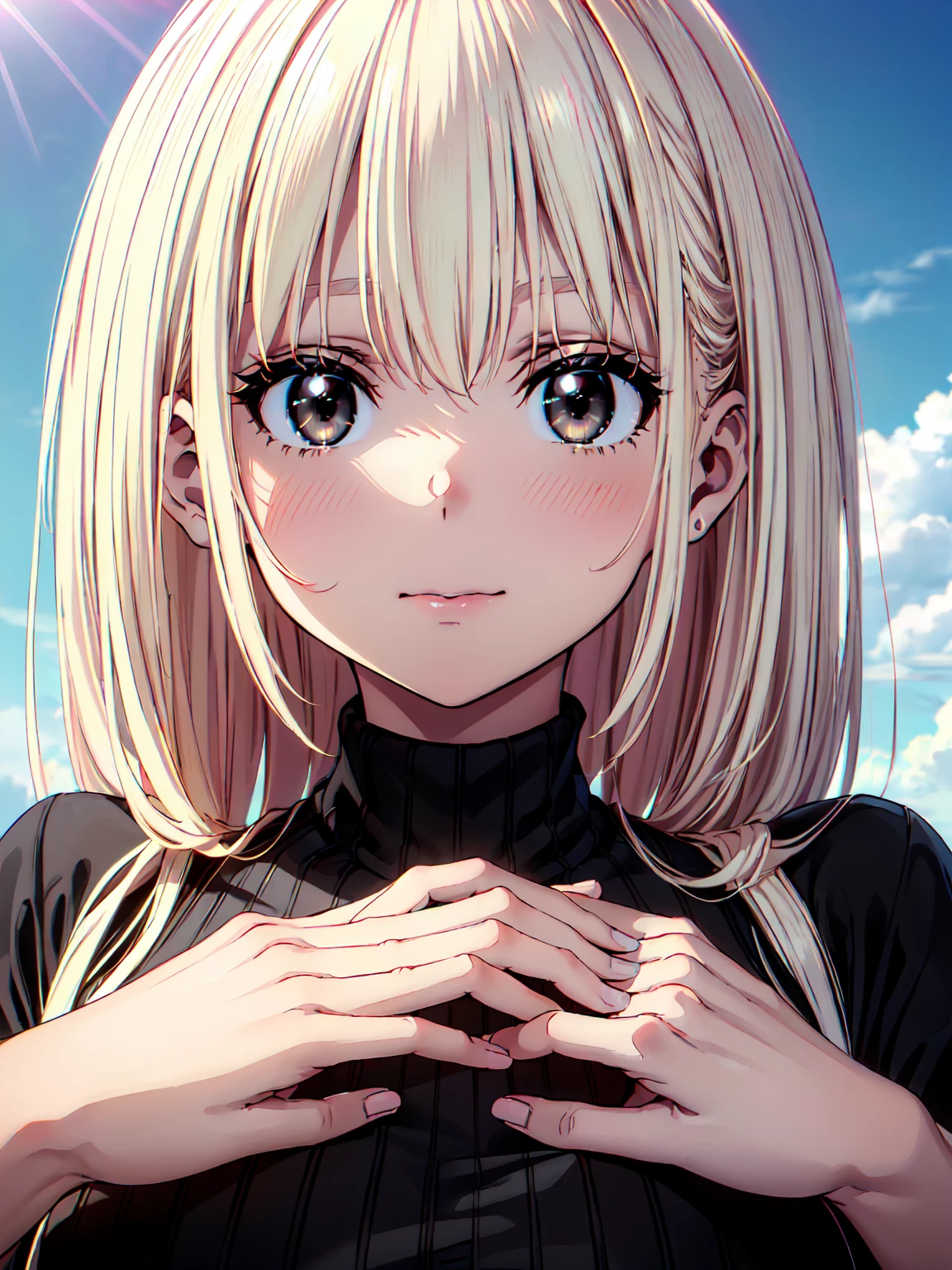 1girl, outdoors, beach, evening, sunglare, light smile, dynamic shot,medium shot, upper body、((turtleneck shirts:1.3)).(black turtleneck shirts:1.3)、(blonde hair.)、(arms behind back)、(well-proportion)、(looking at viewer)、(black eyes:1.5)、((best quality, masterpiece,,Highest quality、High resolution,8k,ultra-detailed face,アニメ,ultra-detailed eyes,ultra-detailed hands,ultra-detailed fingers,ultra-detailed eyes, ultra-detailed hair, ultra-detailed hands,shiny skin, Silky Pale White,ultra detailed and beautiful, Model Pose))