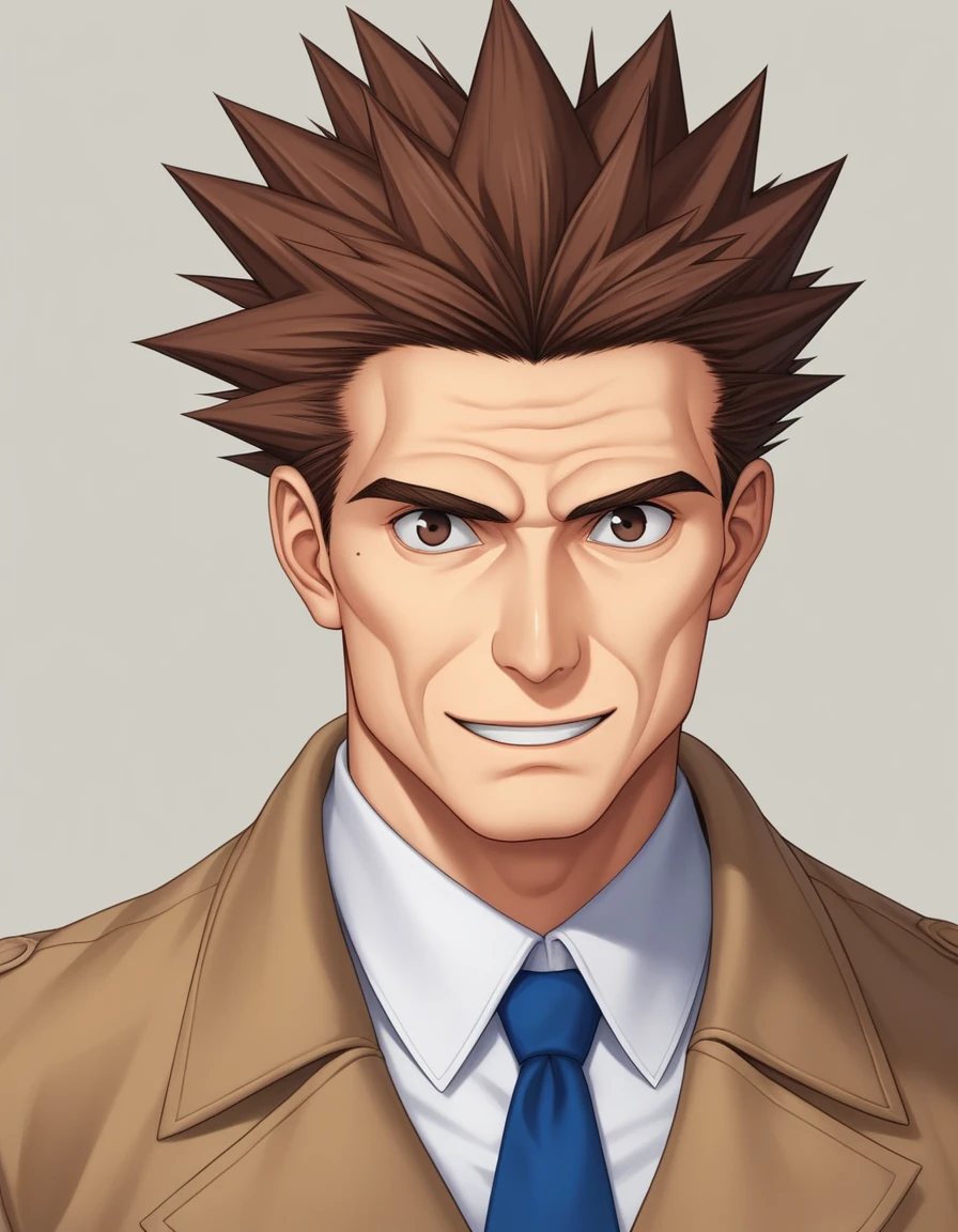 1man, veteran mature detective, muscular, boned nose, wavy slicked back spiked hair, yellow_brown hair, BREAK shihaku, brown eyes, dandy, virile, stubble, square shaped, large eyes, ugly, rough skin, facial wrinkles, ideal ratio body proportions, ordinaly, cute uncle, beautiful detailed eyes, broad waist, 40yo dude, languid, BREAK solo, upper legs, white collared shirt, blue necktie, brown trench coat, dark worn-out suit, cute smile, standing, in detective agency, detailed background, BREAK dandy posing, dramatic expression, oil colored, in capcom art style, in old eroge style, 2000s, masterpiece, best quality, BREAK score_9, score_8_up, score_7_up, source_anime, rating_safe, score_6_up, score_5_up, score_4_up