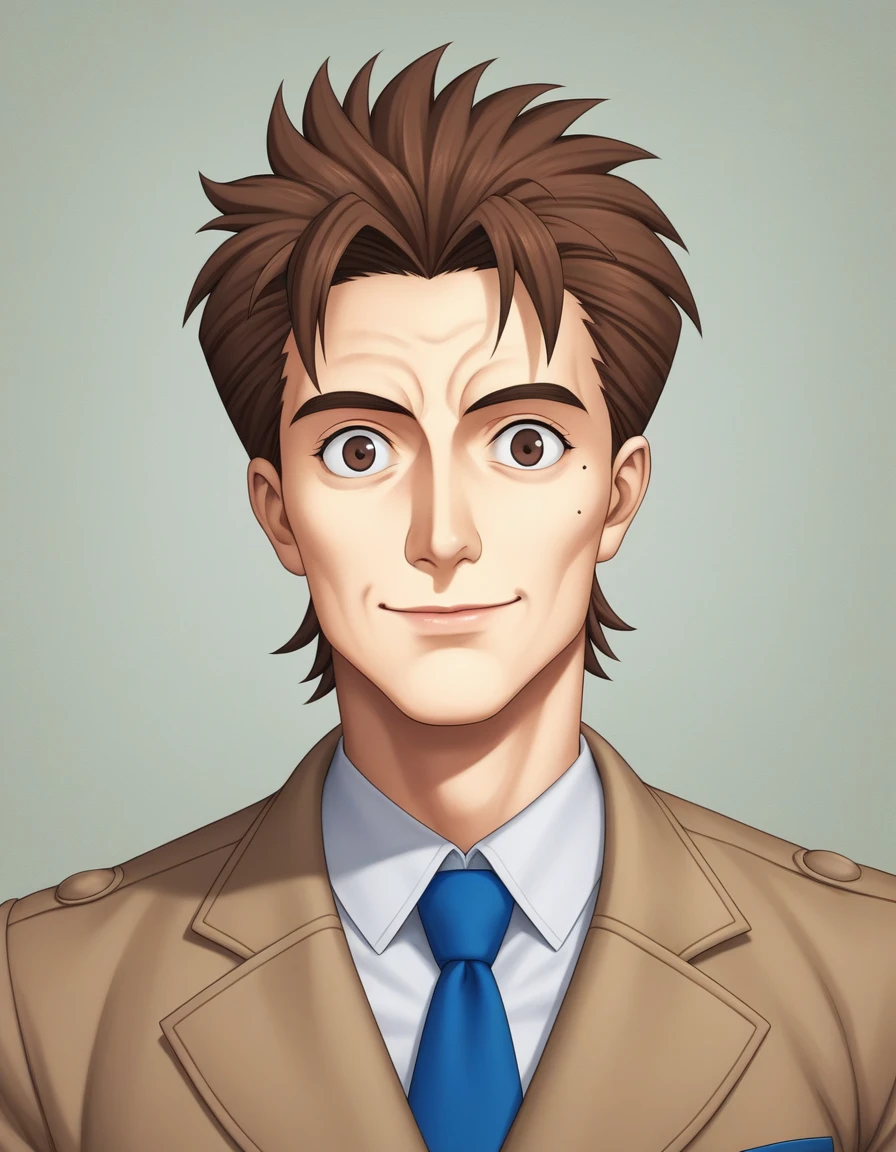 1man, veteran mature detective, muscular, boned nose, wavy slicked back spiked hair, yellow_brown hair, BREAK shihaku, brown eyes, dandy, virile, stubble, square shaped, large eyes, ugly, rough skin, facial wrinkles, ideal ratio body proportions, ordinaly, cute uncle, beautiful detailed eyes, broad waist, 40yo dude, languid, BREAK solo, upper legs, white collared shirt, blue necktie, brown trench coat, dark worn-out suit, cute smile, standing, in detective agency, detailed background, BREAK dandy posing, dramatic expression, oil colored, in capcom art style, in old eroge style, 2000s, masterpiece, best quality, BREAK score_9, score_8_up, score_7_up, source_anime, rating_safe, score_6_up, score_5_up, score_4_up