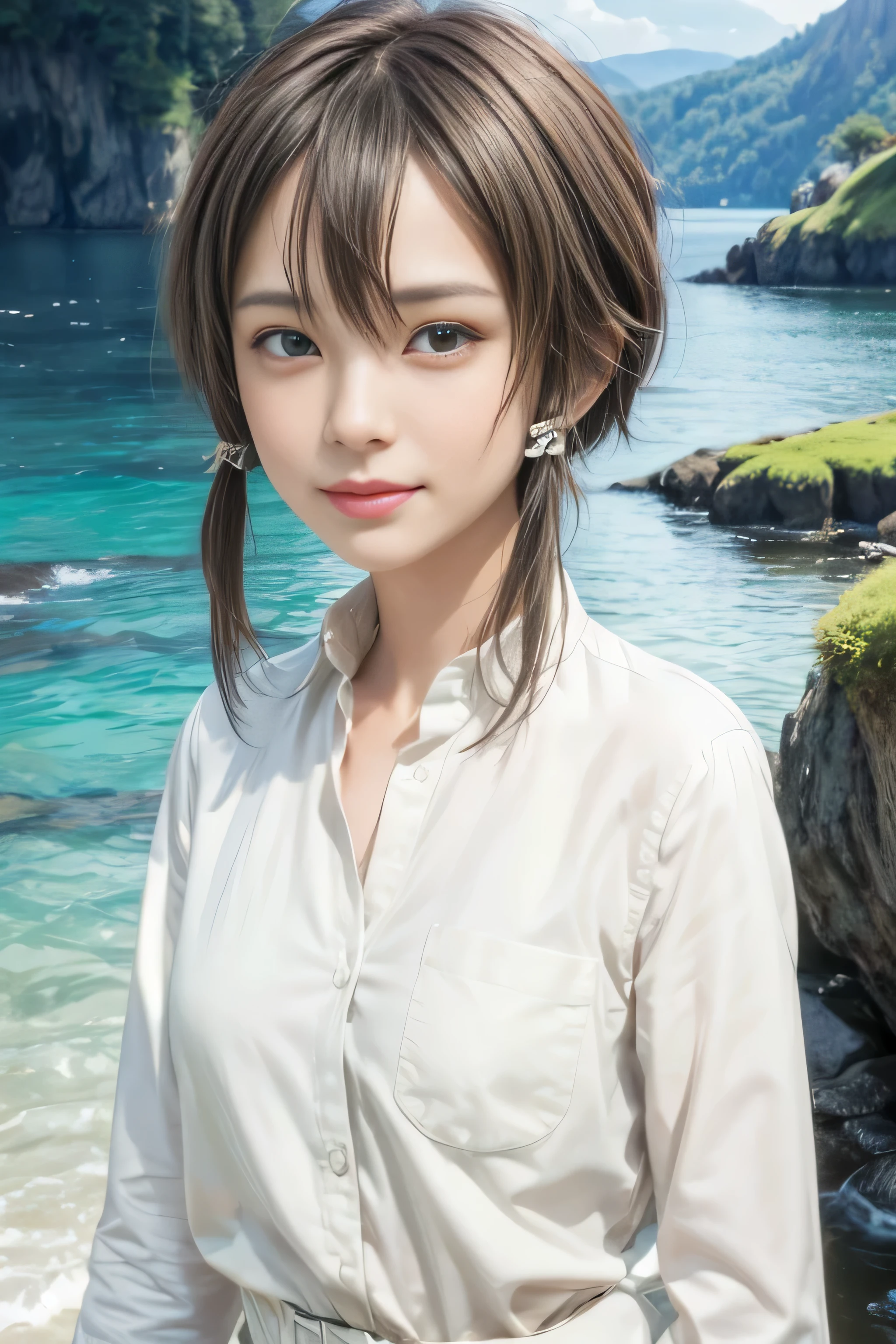 masterpiece, best quality, (realistic,photo-realistic:1.4), (RAW photo:1.2), extremely detailed CG unity 8k wallpaper, delicate and beautiful, amazing,finely detail, official art, absurdres, incredibly absurdres, huge filesize, ultra-detailed,extremely detailed eyes and face,light on face,(little smile),(black hair:1.4),(wearing  wite shirt:1.5),(very short hair:1.4),nature,sinon,(sidelocks),(nature background:1.4),hair ribbon