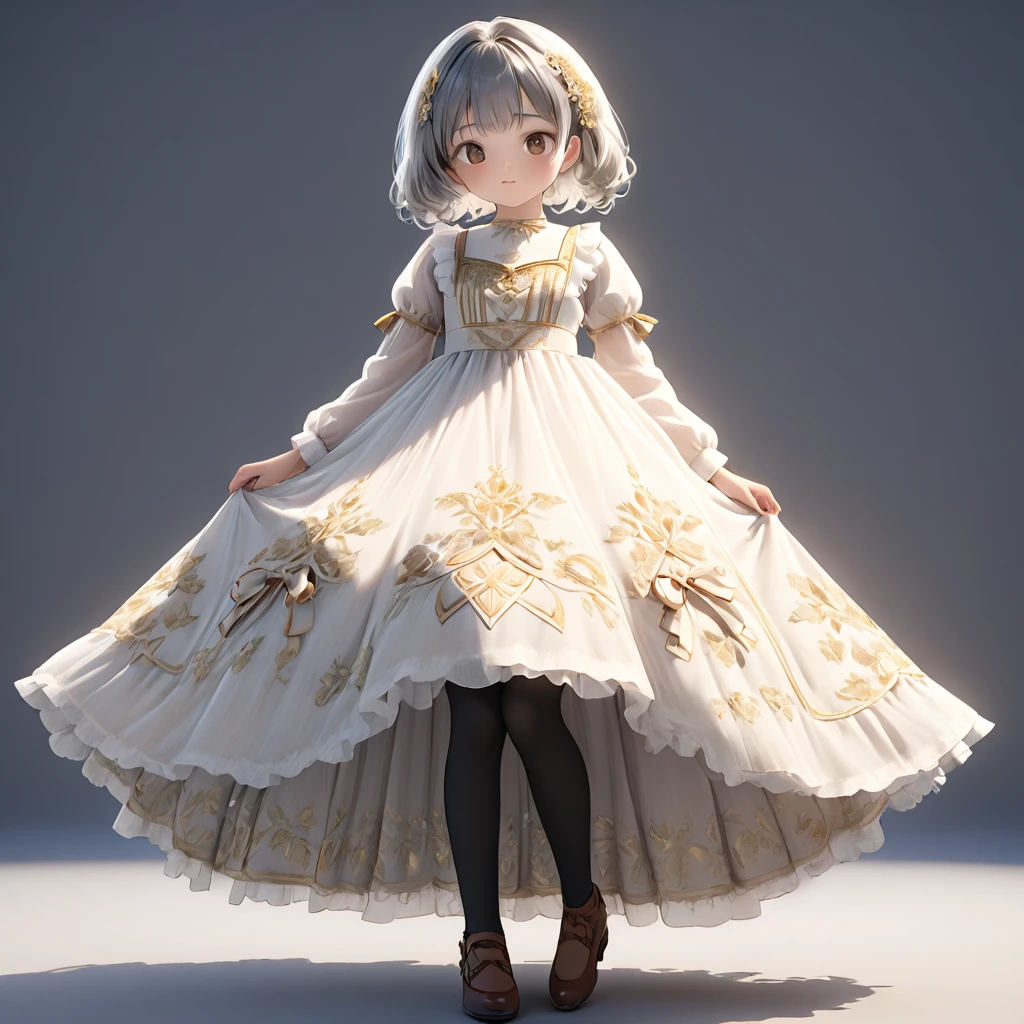 (Highly detailed CG Octane render 8k wallpaper), 8 year old girl underwear, You can see the real bloomers made of cotton fabric., Medieval translucent long dress with panniers, Fabric Realism, Low Angle, Pull up the dress by hand, Strong winds, Translucent slip, Translucent slip, tights, Highest quality, whole body, I can see your thighs, Silver and gold embroidery