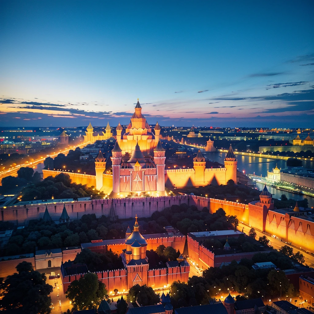blue sky, evening light, (Aerial View of Kremlin complex of buildings:1.6), ((Beautiful woman is (Floating in the Air))), Delicate white BodySuit, (Detailed beautiful face), wide angle lens f/2.8, ultra insane high resolution intricate textures, texture indentation, perfect perspective, Geometric, in another dimension worlds, fire all around, energy fields, ((luminism)), ultra detailed busy background, tessellation, maximalism, IPA Award wining masterpiece