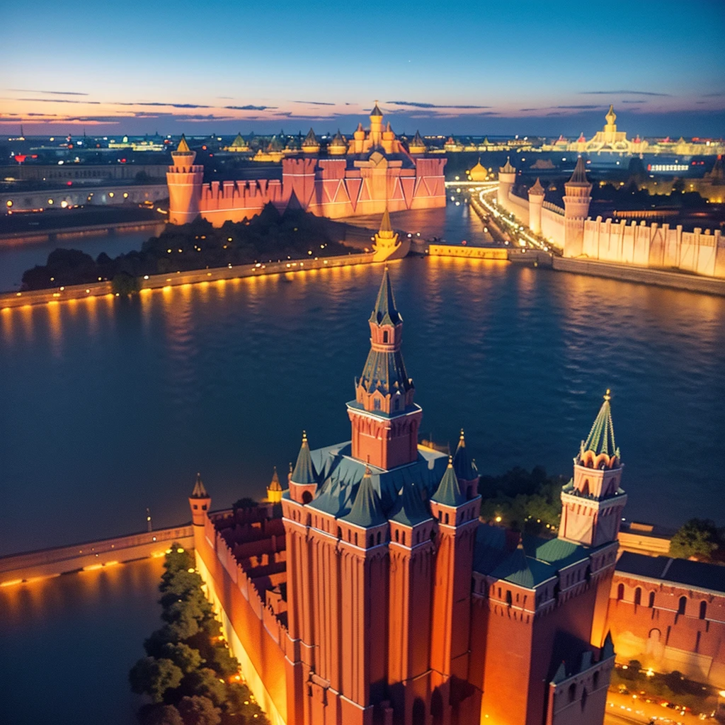 blue sky, evening light, (Aerial View of Kremlin complex of buildings:1.6), ((Beautiful woman is (Floating in the Air))), Delicate white BodySuit, (Detailed beautiful face), wide angle lens f/2.8, ultra insane high resolution intricate textures, texture indentation, perfect perspective, Geometric, in another dimension worlds, fire all around, energy fields, ((luminism)), ultra detailed busy background, tessellation, maximalism, IPA Award wining masterpiece
