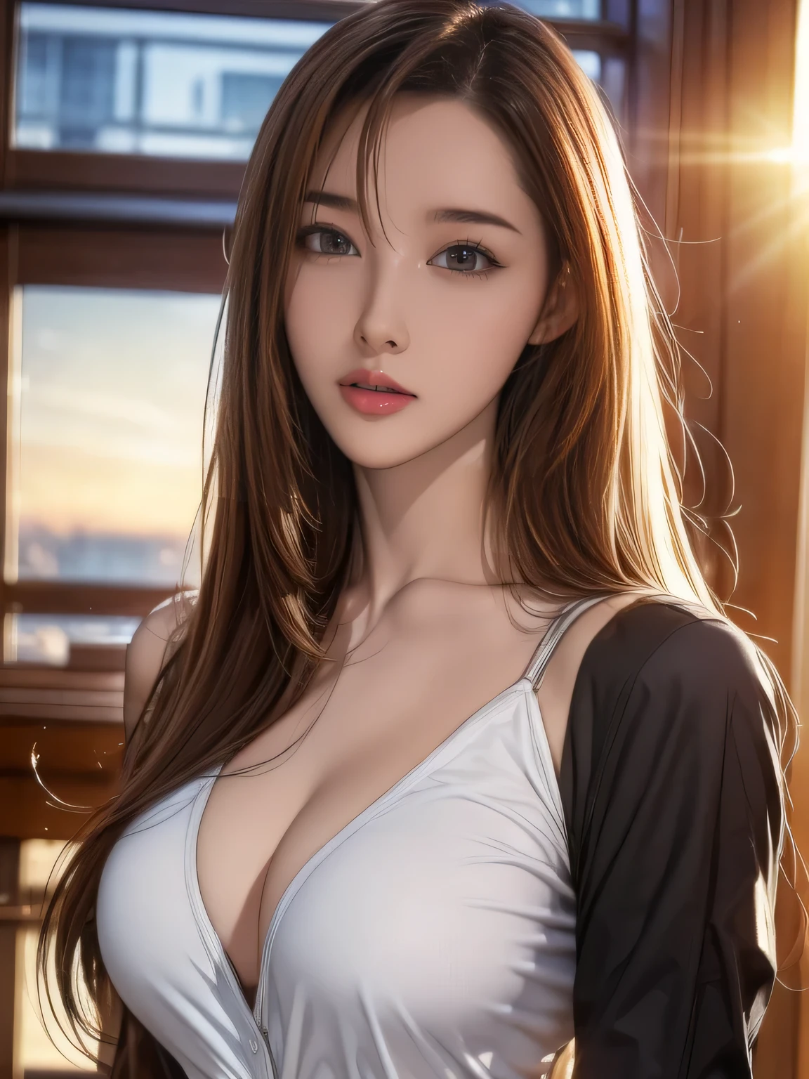 (8ก, 最high quality: 1.2), Very detailed, Complete solution, (Realistic, Realistic photo: 1.37), Portraiture, High resolution RAW color photograph, Professionally arrested, High resolution and beautiful, High resolution, 8ก Image Wallpaper, Amazing details, Large file size, Very detailed美しい女の子, Very detailed face, (Super beautiful, well-defined eyes:1.8), The nose is precisely shaped., expressive lips,(sunset,Classroom Background:1.2) , One Story, pretty girl, Realistic、 (Movie Scenes,Fantasy art,最high quality,high quality,High resolution,High quality texture,Attention to detail,Beautiful details,Fine details,Very detailedCG,Detailed Texture,Realistic representation of face,Tabletop,before,dynamic,bold),1 Girl,Very detailed肌,curve,(topless:0.8),Beautiful breasts,Small breasts,Pale skin,Pointed Chest,Erect nipples,(Very fine hairs),(Very soft hair),(Super Straight Hair),Long, slicked bangs,Very light coppery amber hair,Hair on one eye,Very lean body,Smart Abs,( School teacher clothes:1.5),