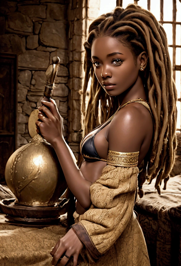 18 year old brown female、Beauty、Blonde、Blonde、In underwear、Dreadlocks、background Medieval bedroom、High quality p、Upper Body