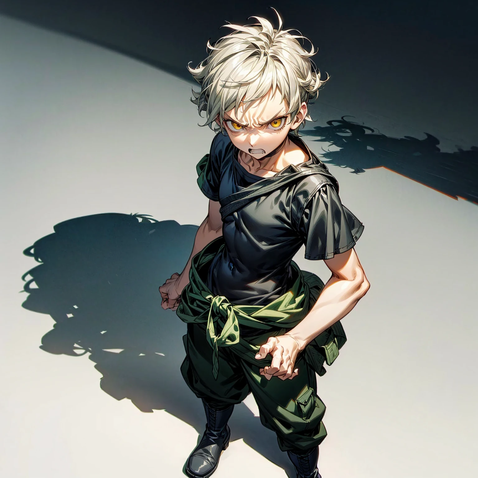Solo character, full body version, ??? boy, yellow eyes, gray color hair, short Curly haircut, round eyes, black bandana, green top shirt, blue cargo pants, white boots, detailed shadow, white background, standing gesture, angry eyes, very angry, left arm small mechanical, no background, (one piece style art)